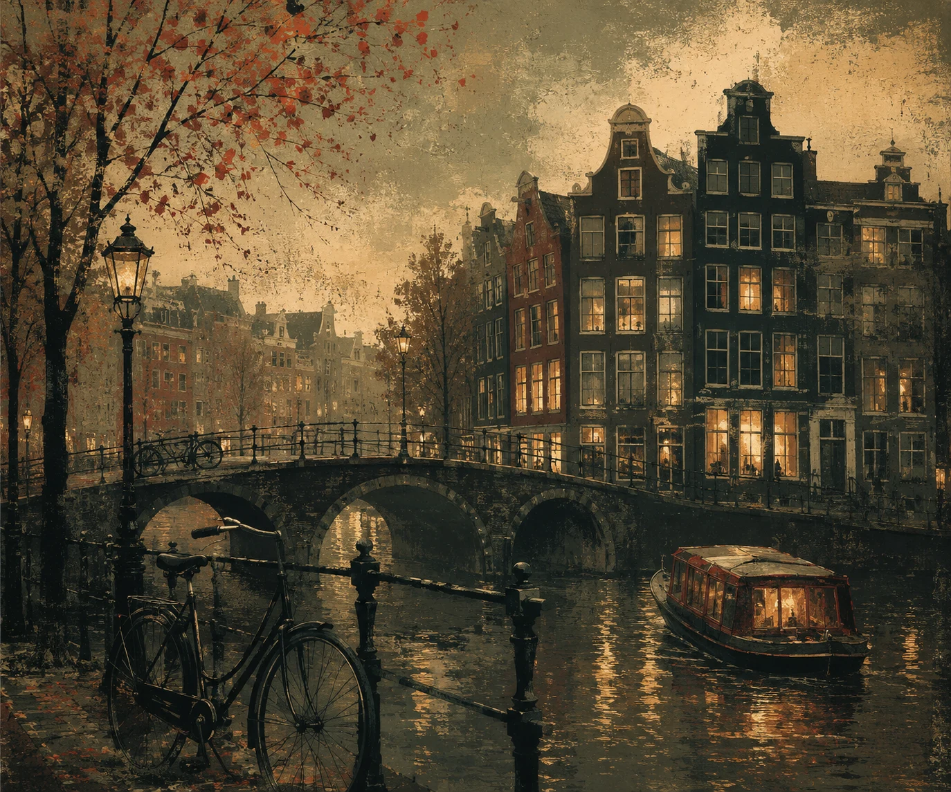 Amsterdam canal houses, bridge, bicycle and illuminated canal boat