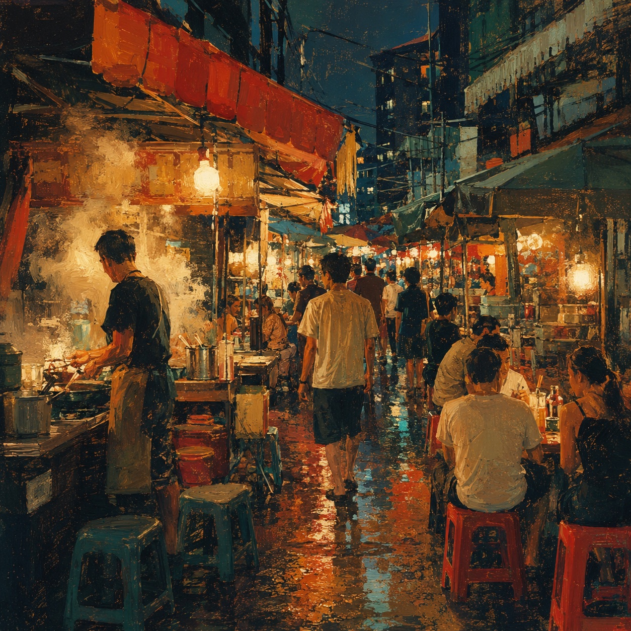 A busy Bangkok night-food lane with cooks, stools and market lights
