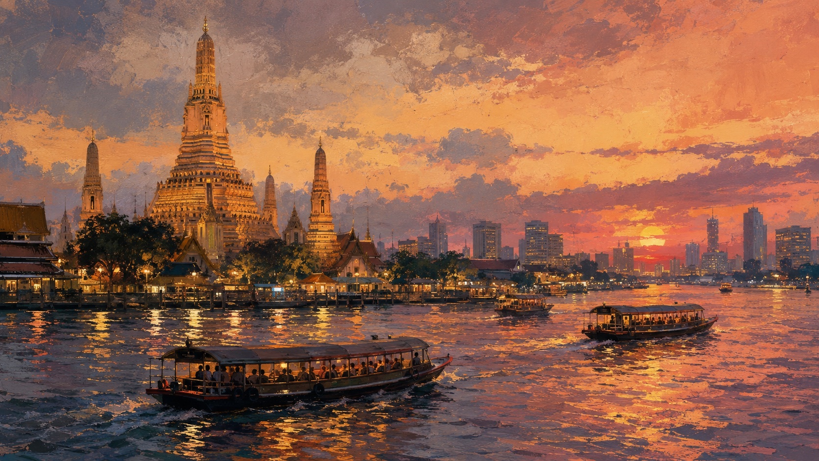 Bangkok at sunset across the Chao Phraya River, with Wat Arun and river boats