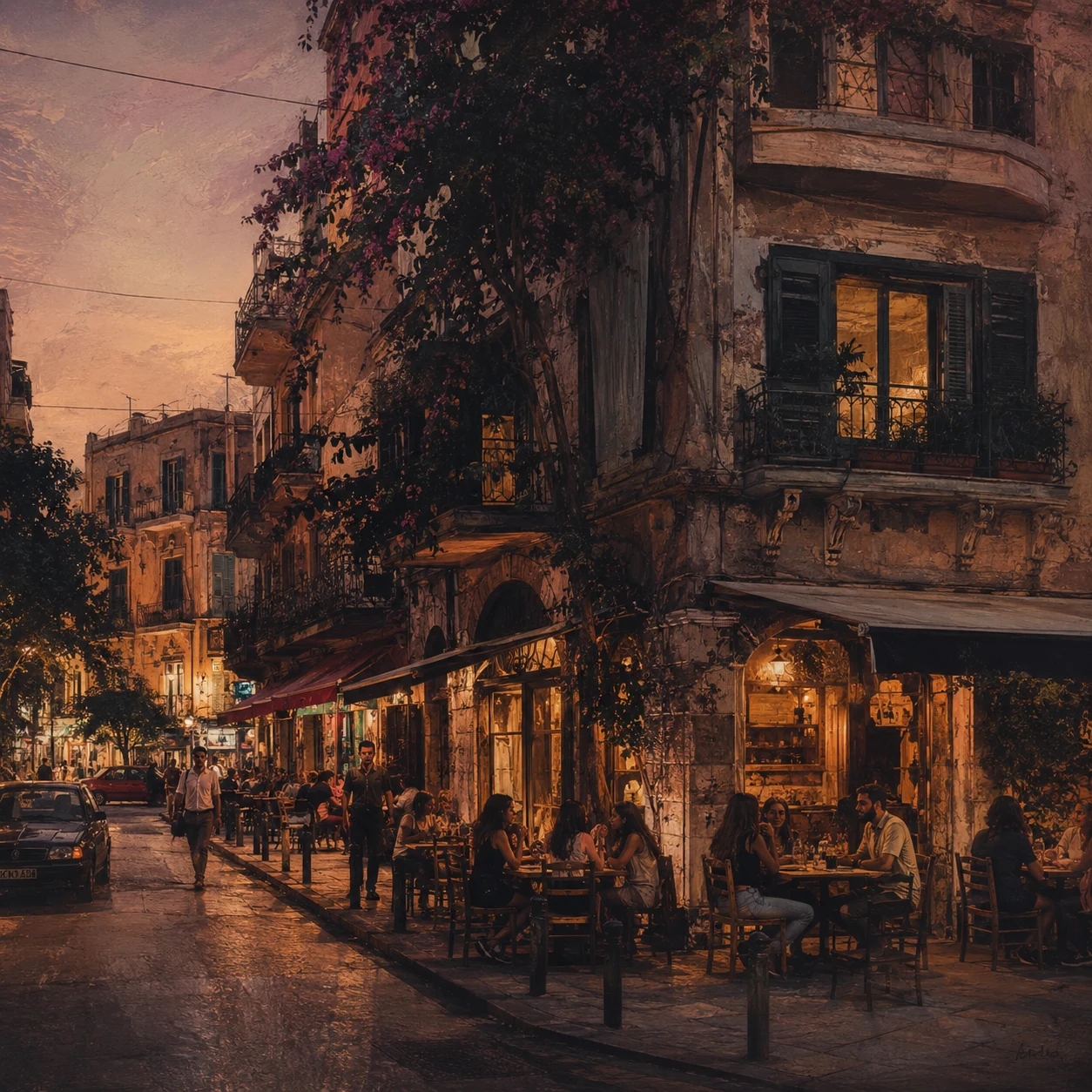 Beirut neighborhood street with balconies, bougainvillea and outdoor tables