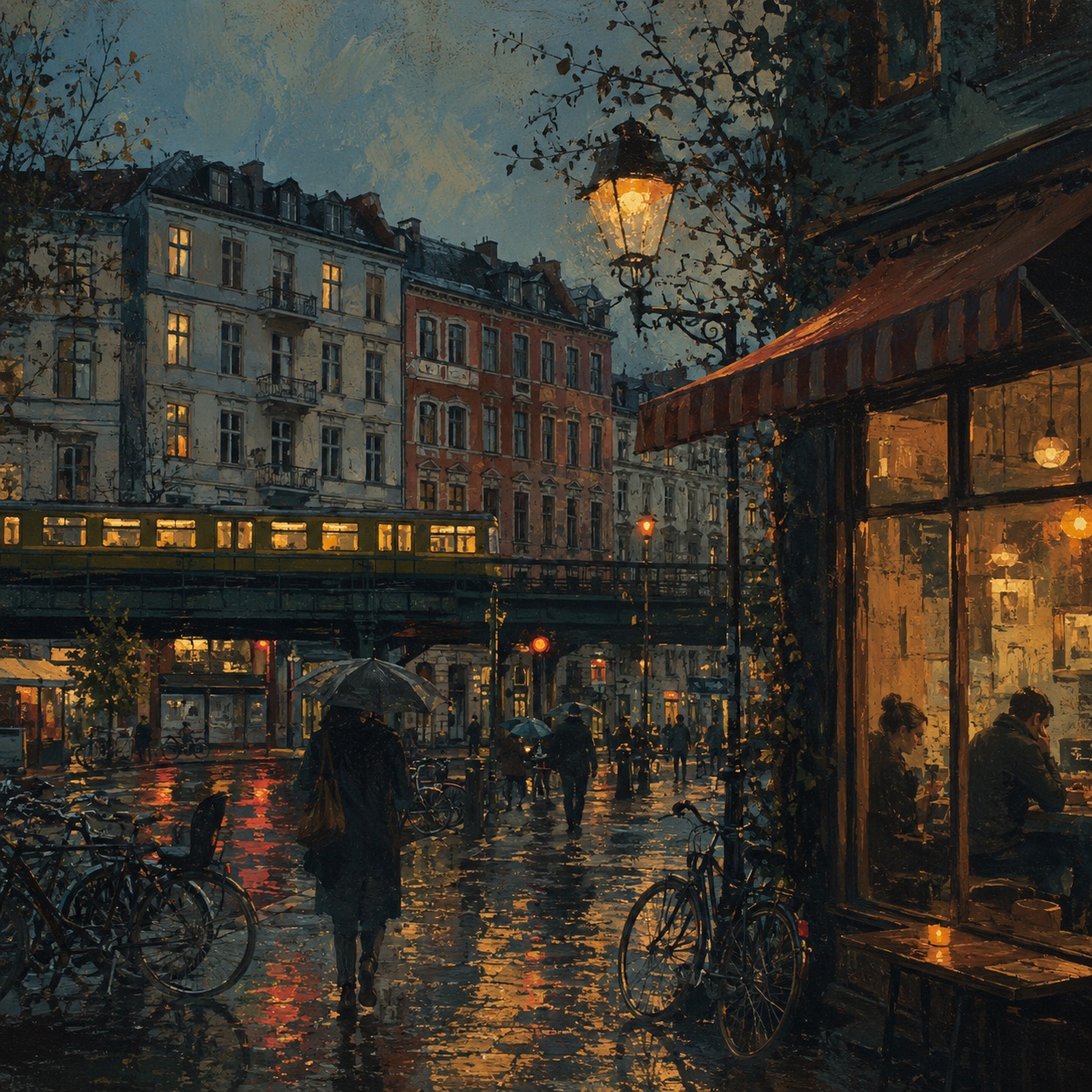 A rainy Berlin neighborhood street with bicycles, an elevated train and a lit cafe