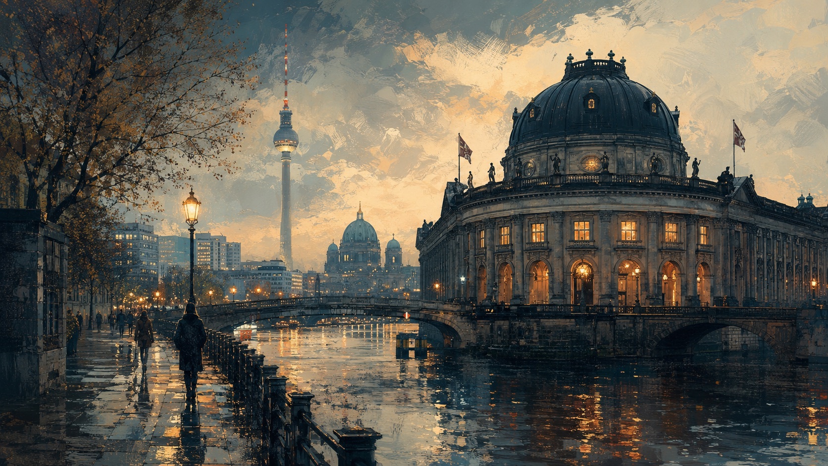 Berlin's Museum Island and television tower reflected in the river after rain