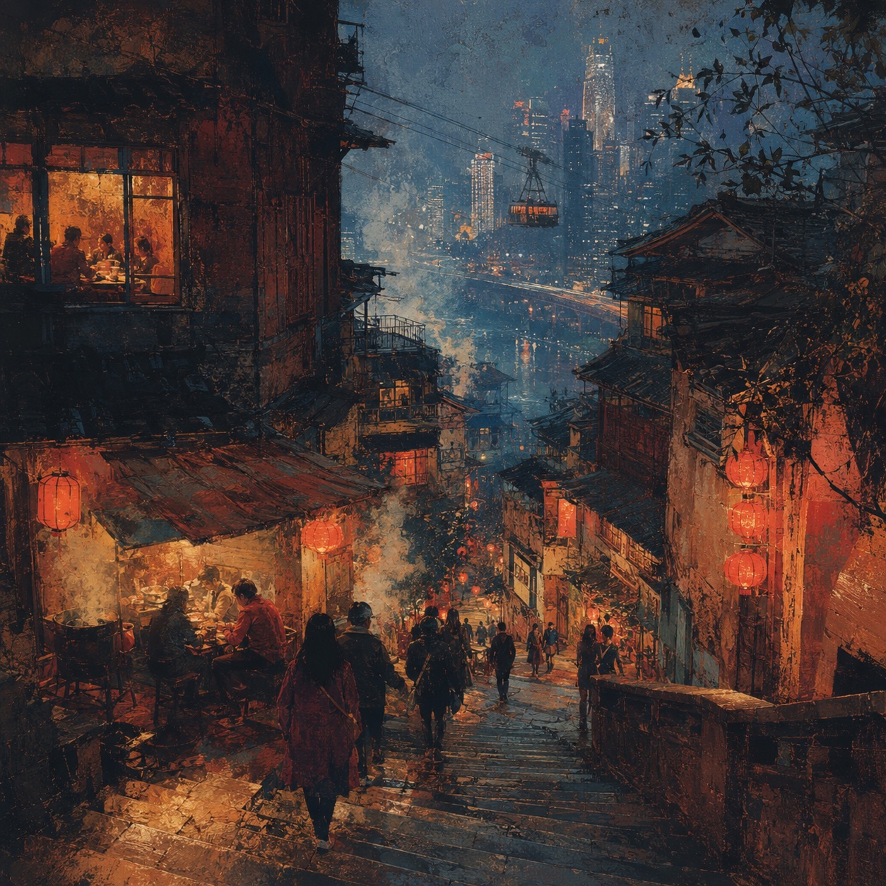 A steep lantern-lit Chongqing street descending toward the modern skyline