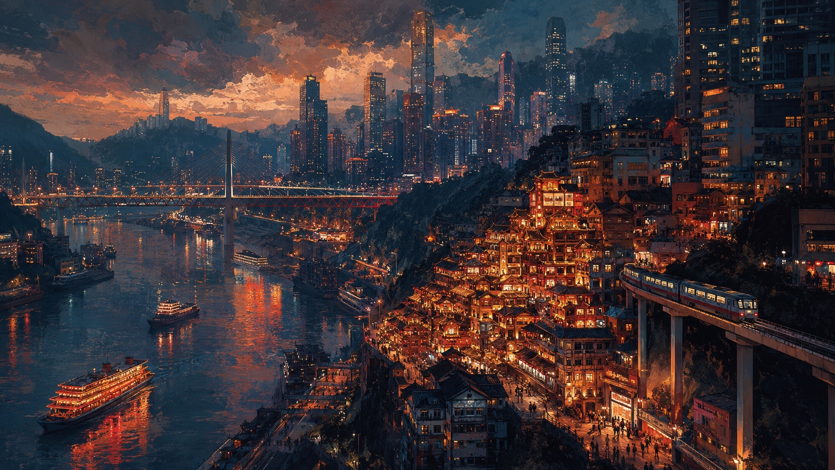 Chongqing at night, with river traffic, hillside neighborhoods and illuminated towers
