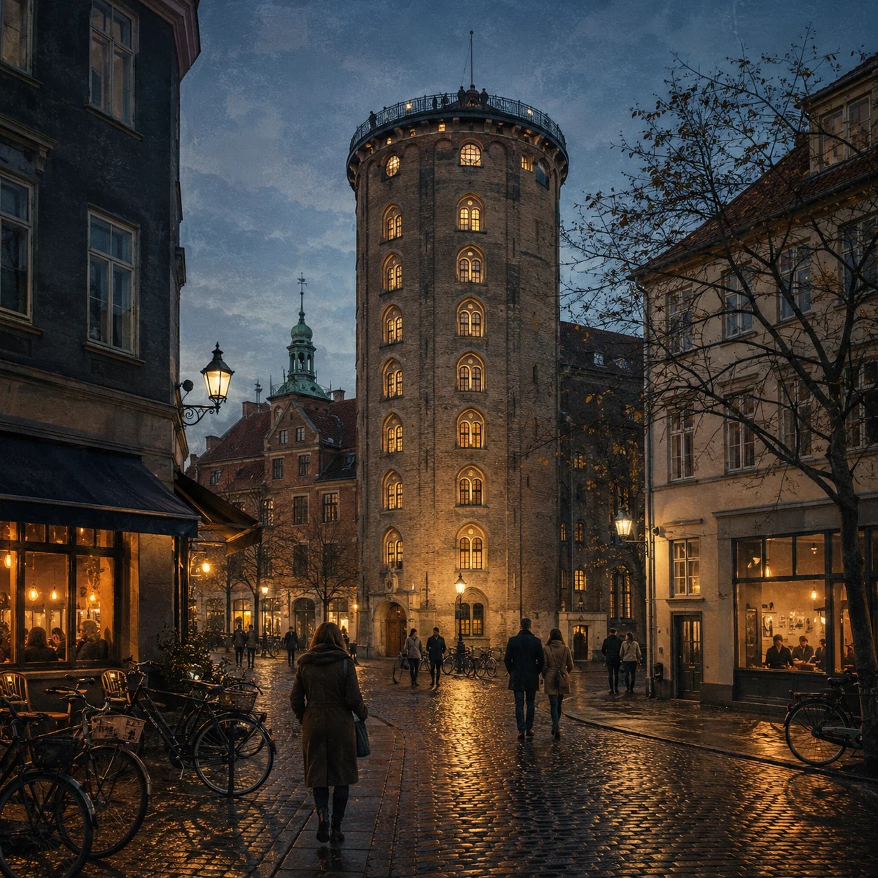 Copenhagen's Round Tower above a rain-lit street with bicycles and cafés