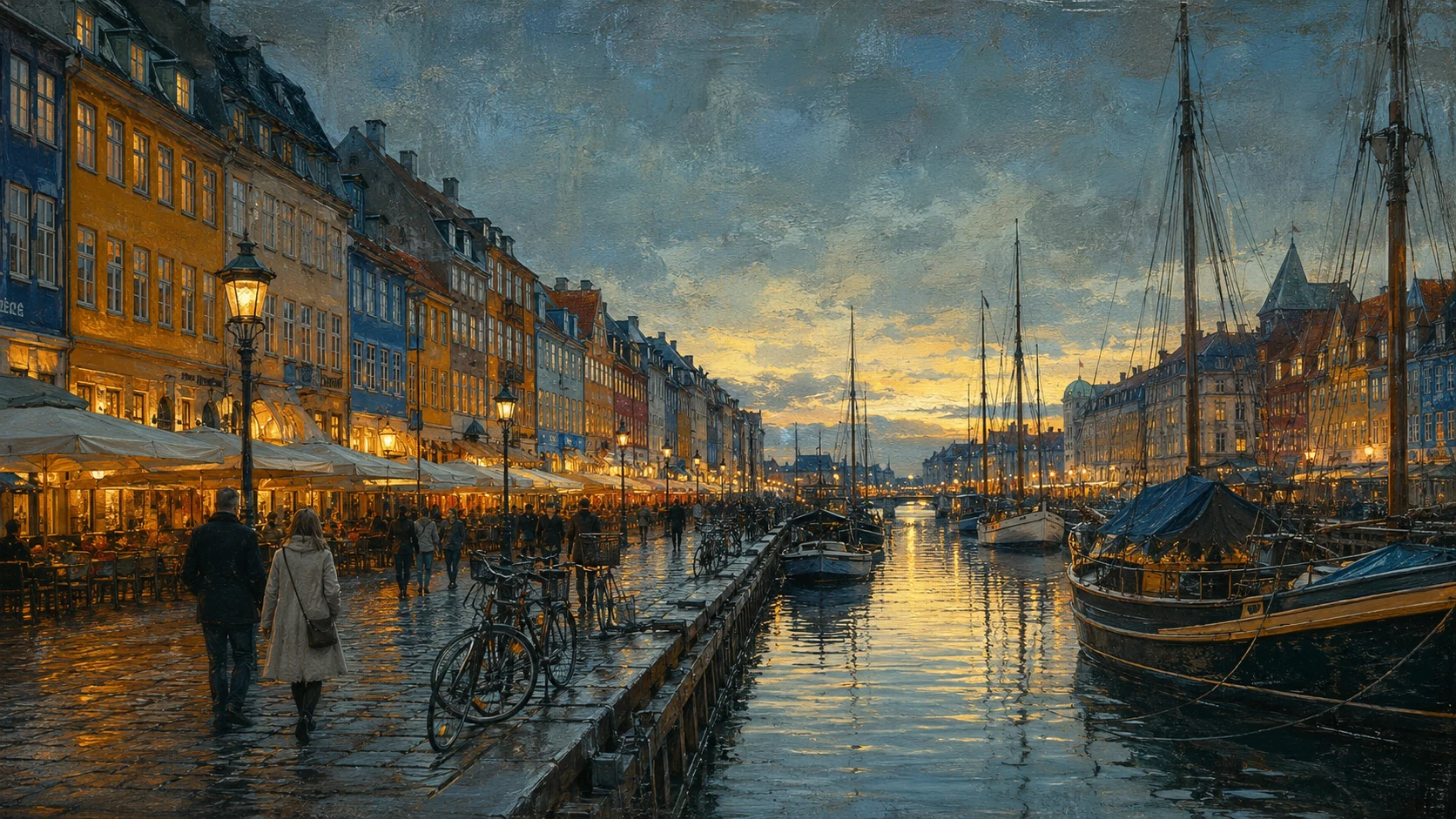 Copenhagen's Nyhavn waterfront at dusk with colorful façades, bicycles and boats