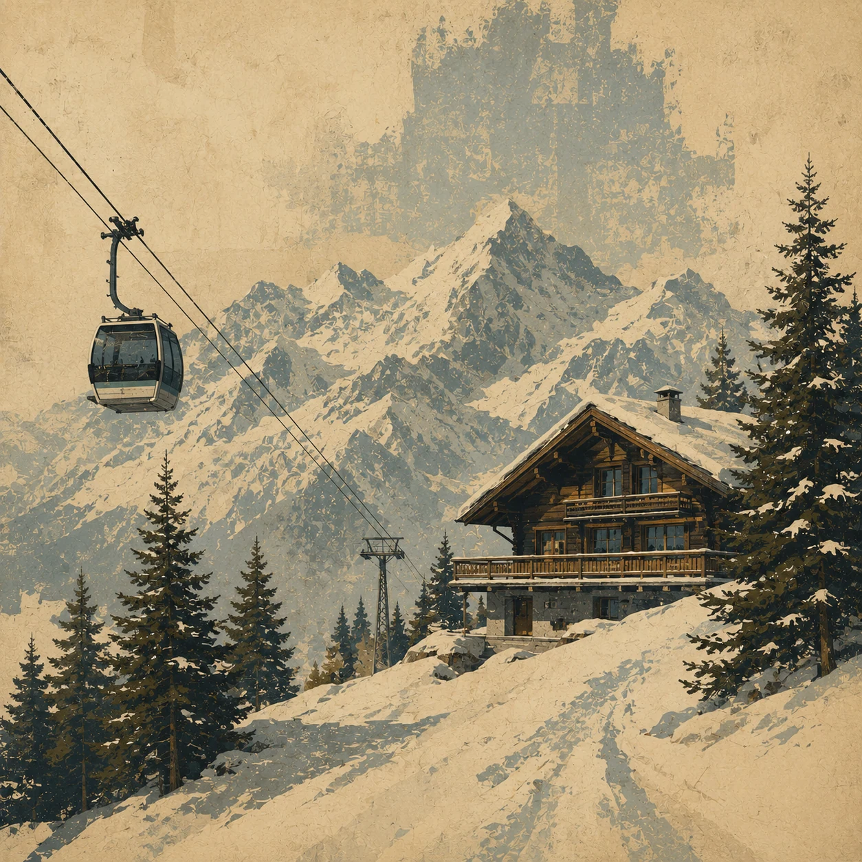 Alpine chalet and cable car above the snowy slopes of Crans-Montana