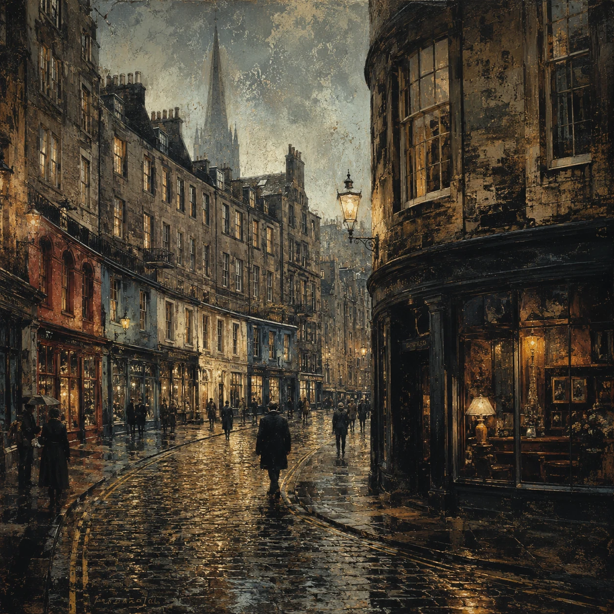 Edinburgh old-town street with stone buildings and rain-lit shop windows