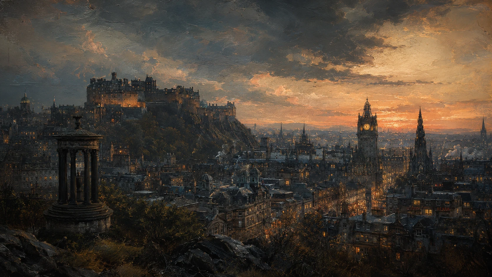 Edinburgh Castle and city skyline under a dramatic evening sky
