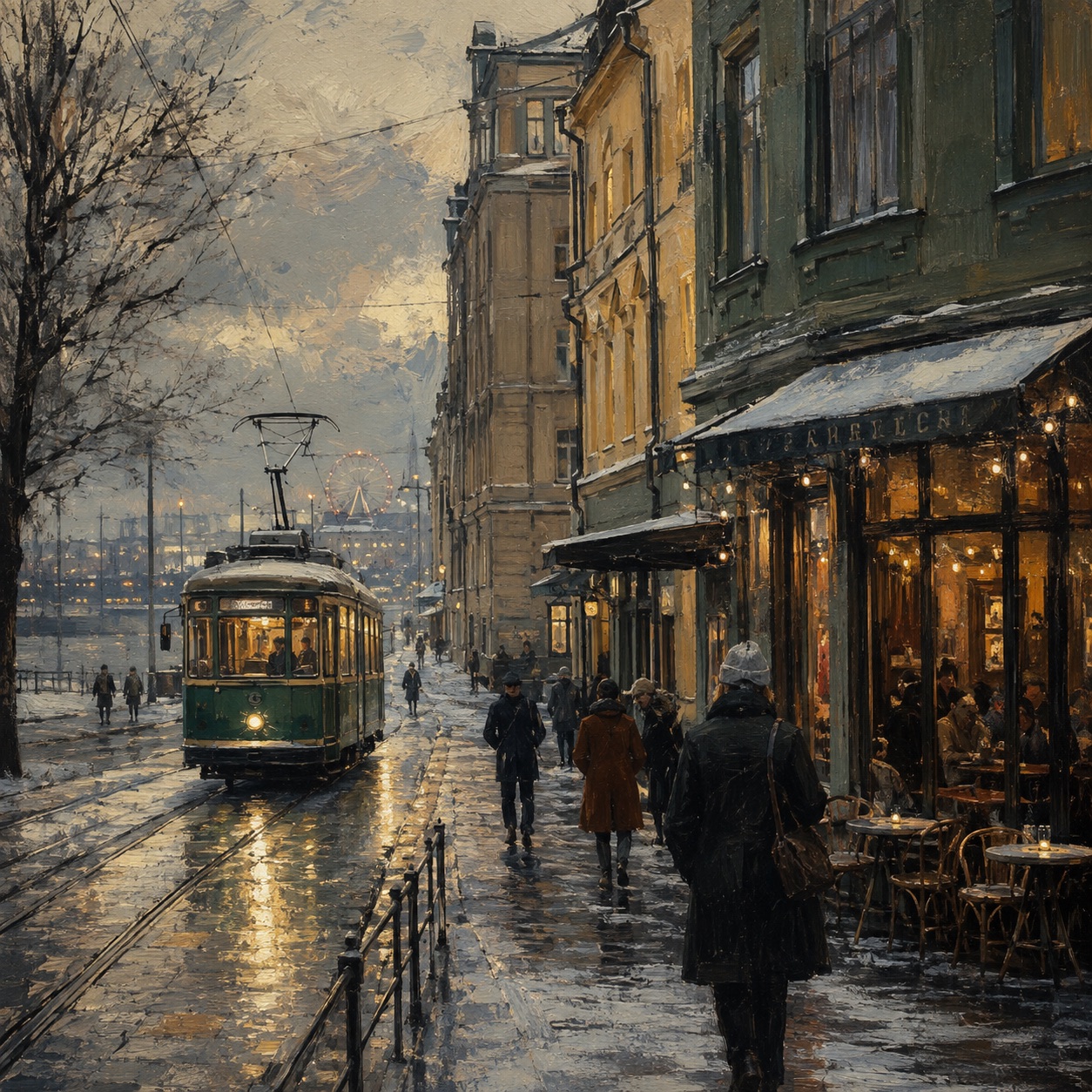 A green tram passing cafes on a snowy Helsinki street at dusk