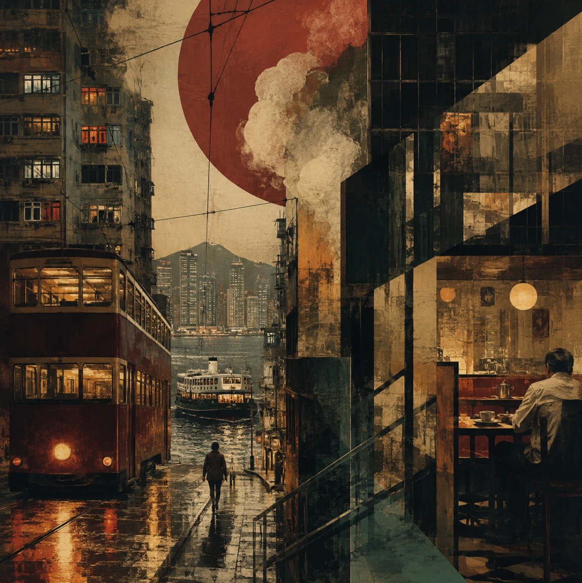 A Hong Kong tram, a harbour ferry and a lit restaurant interior layered together