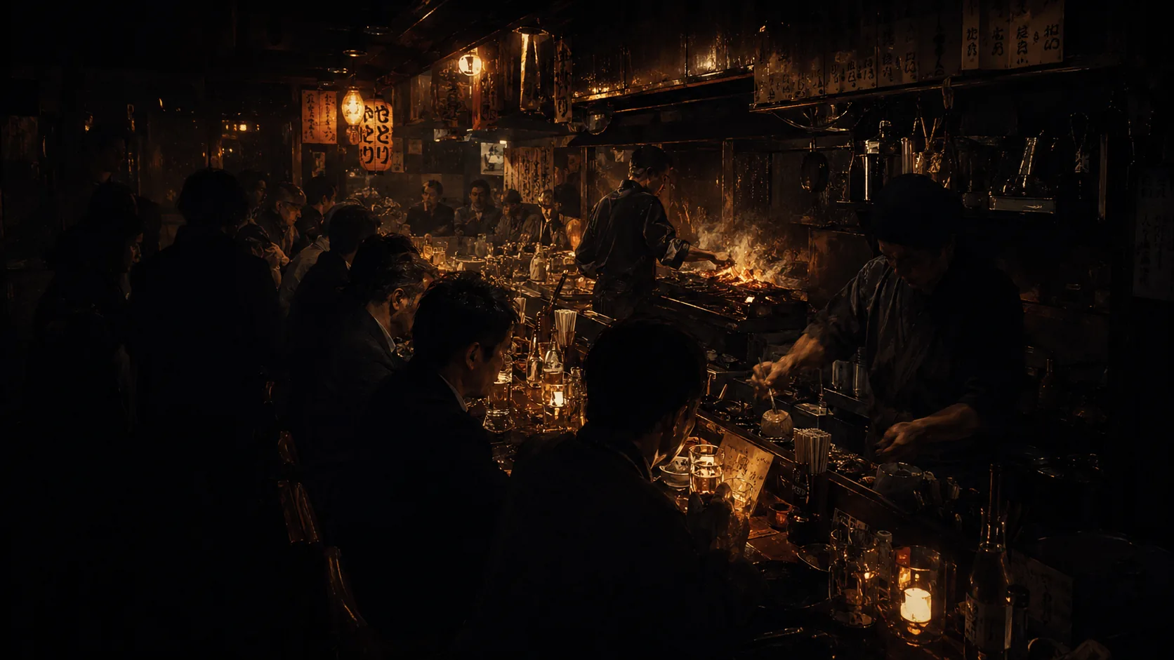 A full izakaya counter at service: warm light pooled on the bar, cooks silhouetted against the grill, the rest of the room falling to black