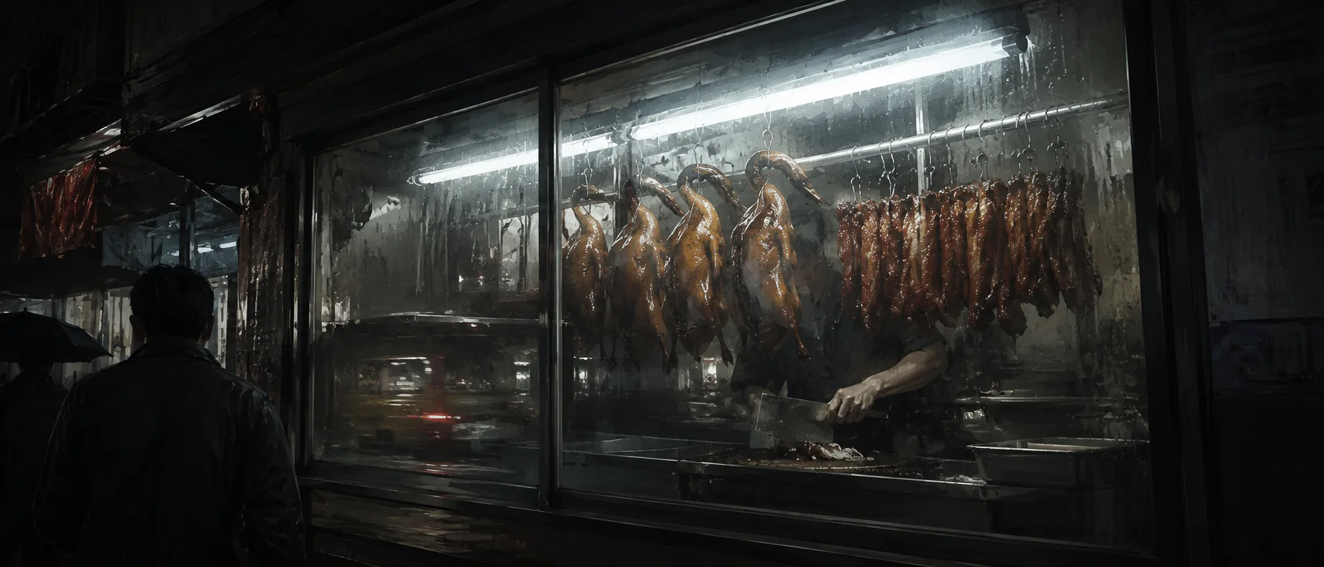 A roast-meat window under a bare fluorescent tube, geese and char siu on hooks behind condensation, a cleaver working out of frame