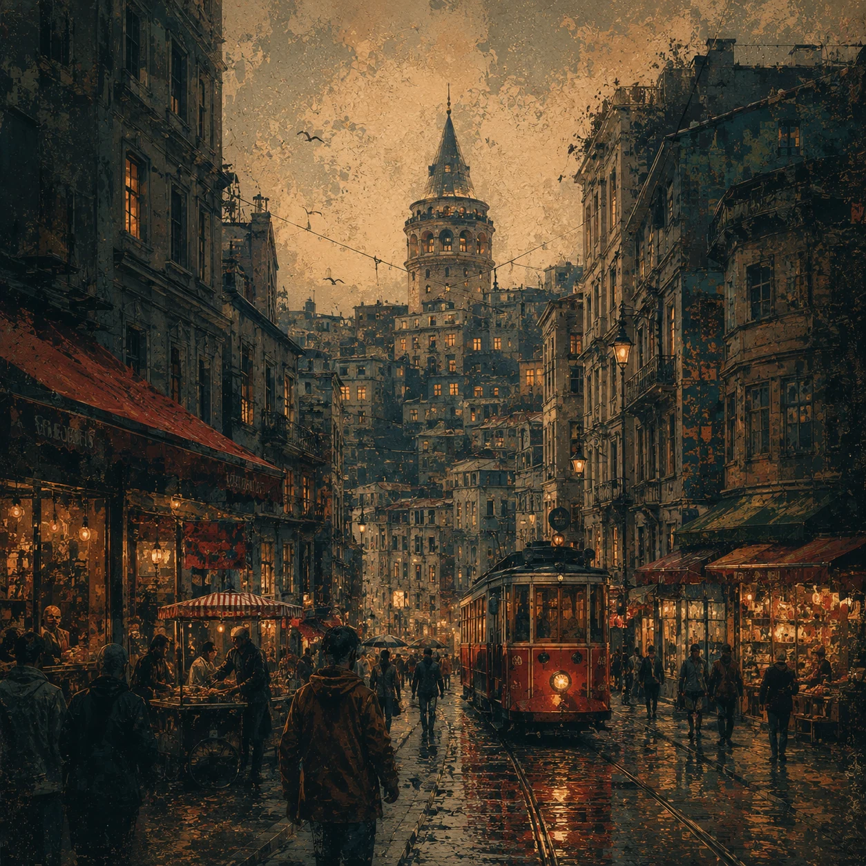 Istanbul street at night with a red tram, market stalls and Galata Tower