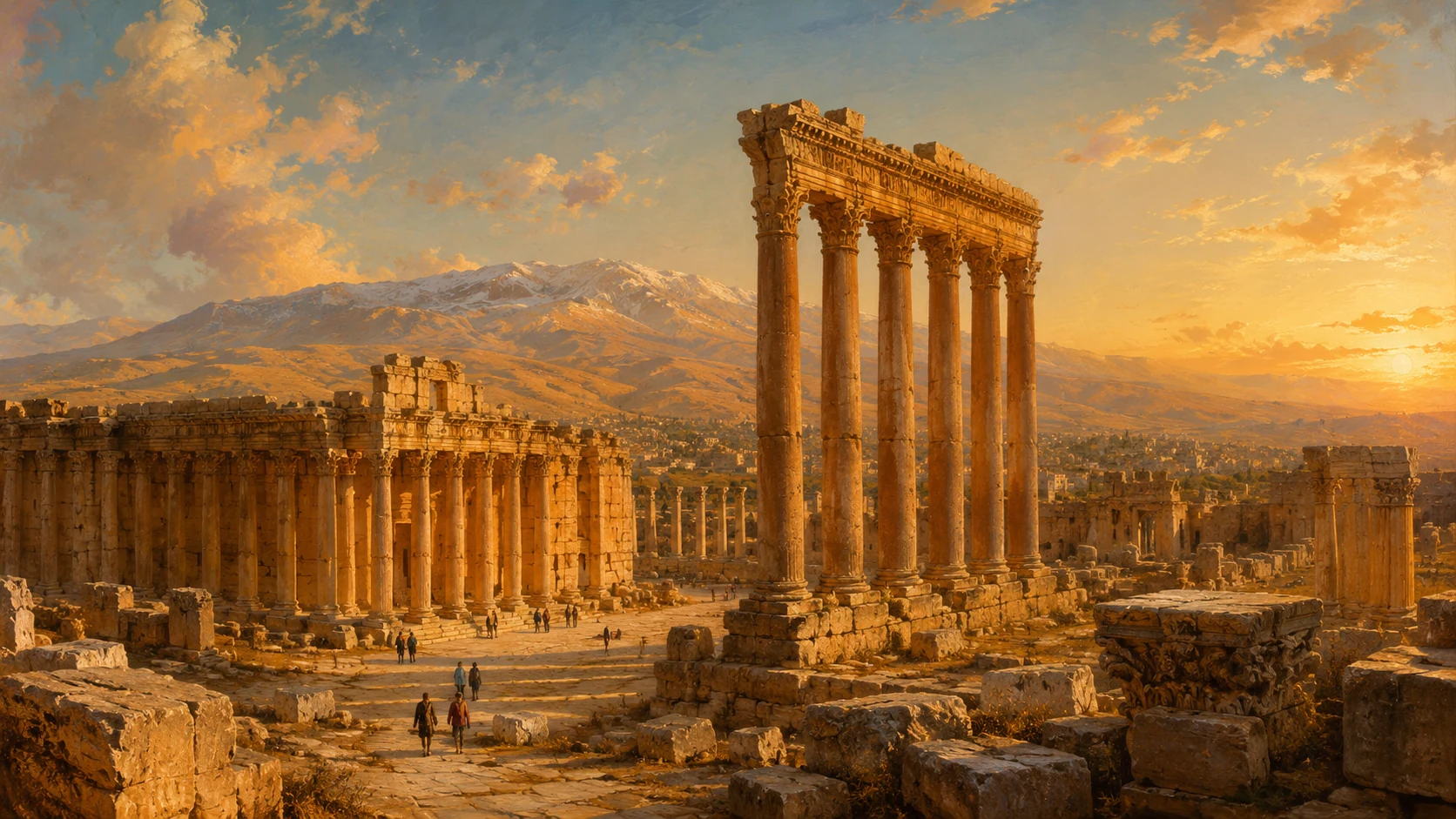 Ancient columns at Baalbek against Lebanon's mountains at sunset