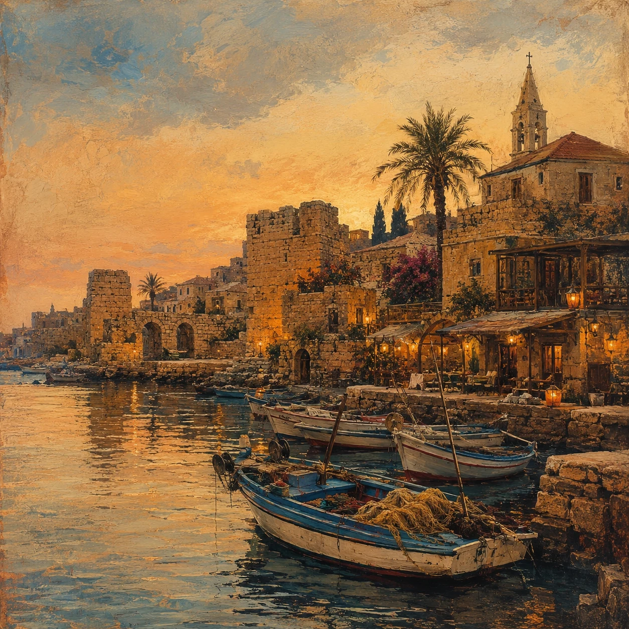 Lebanese coastal village at sunset with stone buildings and fishing boats