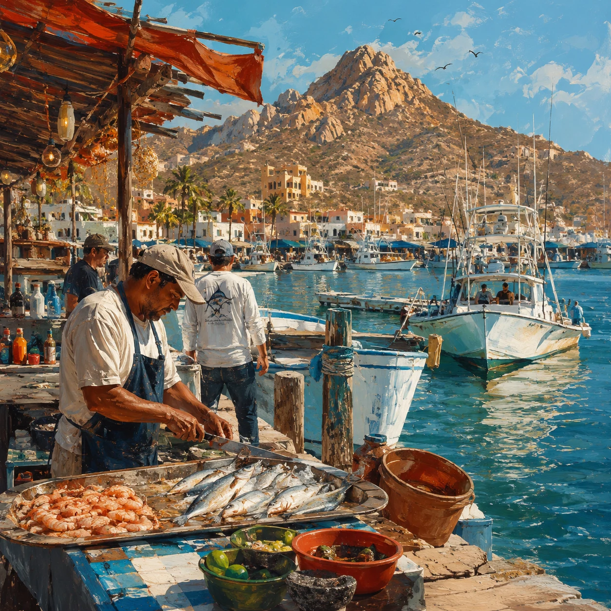 Los Cabos marina with fishing boats and a waterfront seafood counter