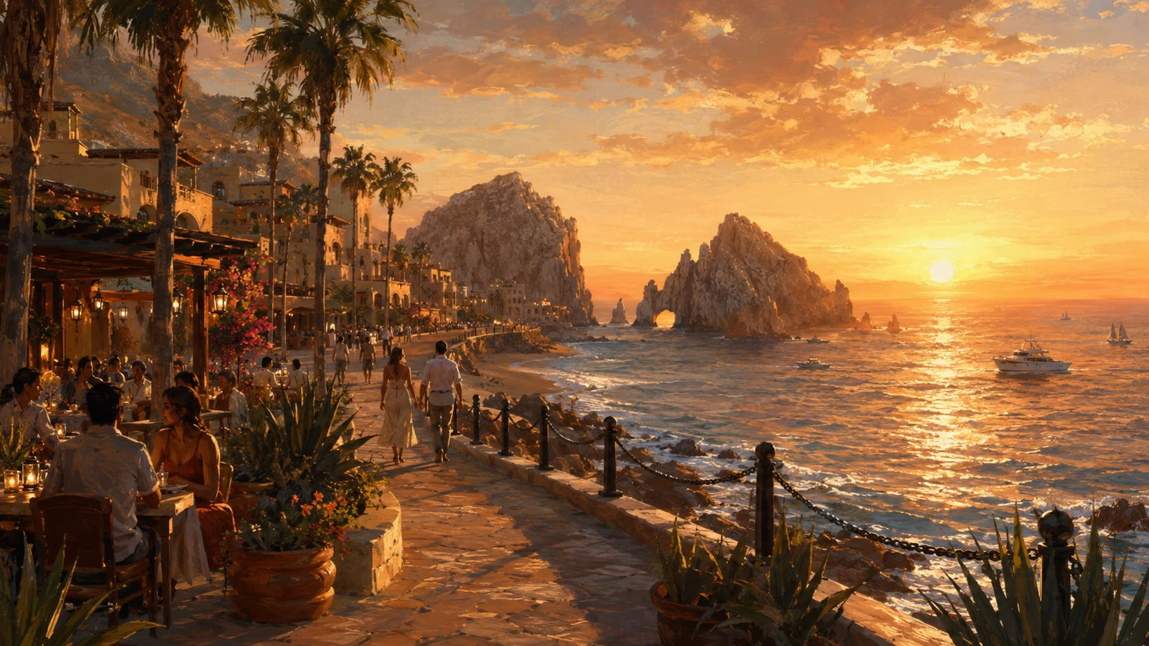 Los Cabos seafront at sunset with restaurants, palms and El Arco