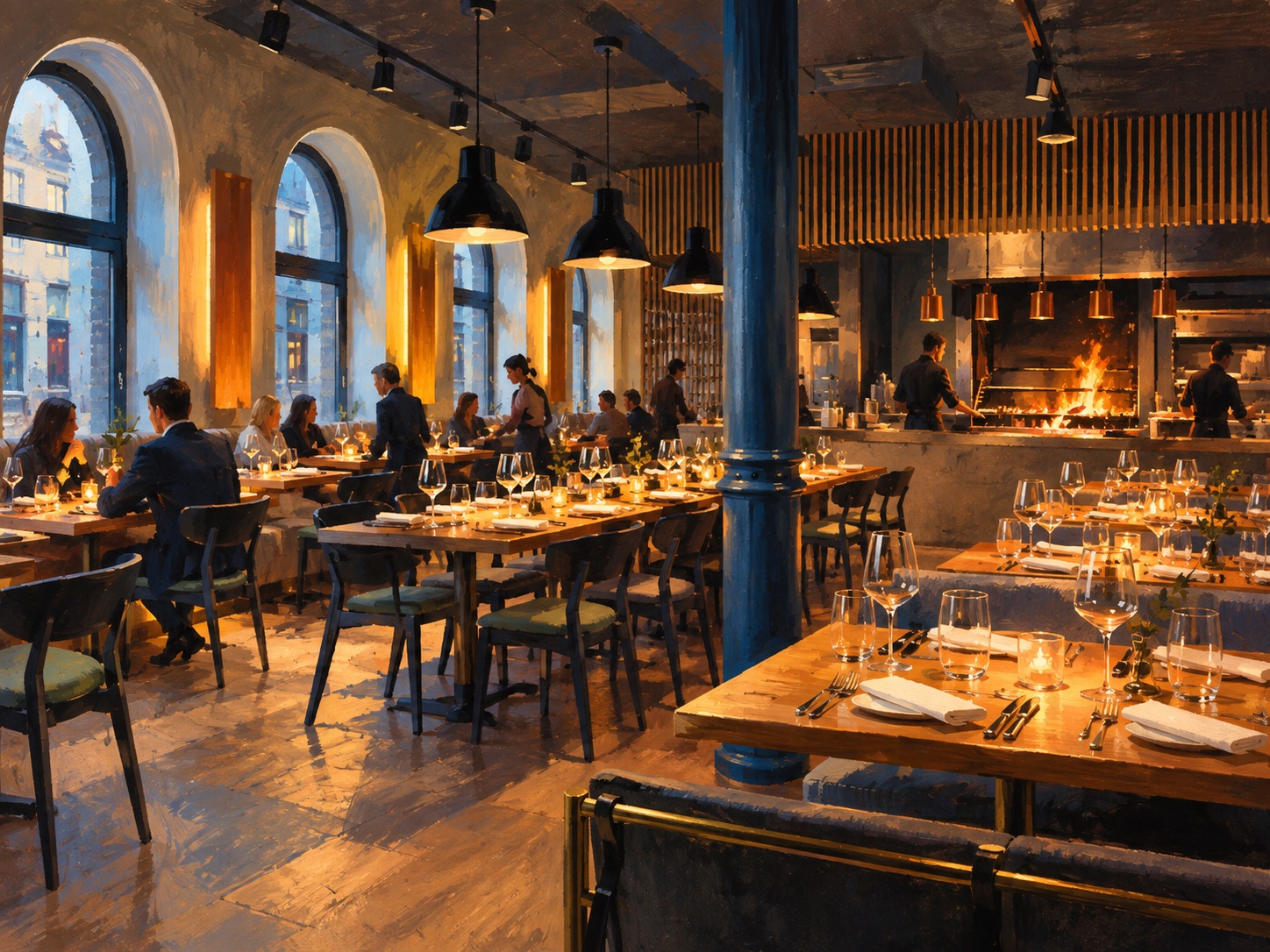 Illustrated Ampersand dining room with its open charcoal grill