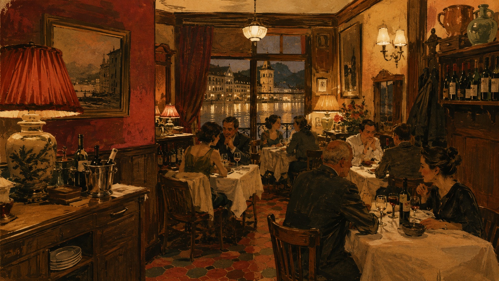 Illustrated warm brasserie dining room overlooking Lucerne at night