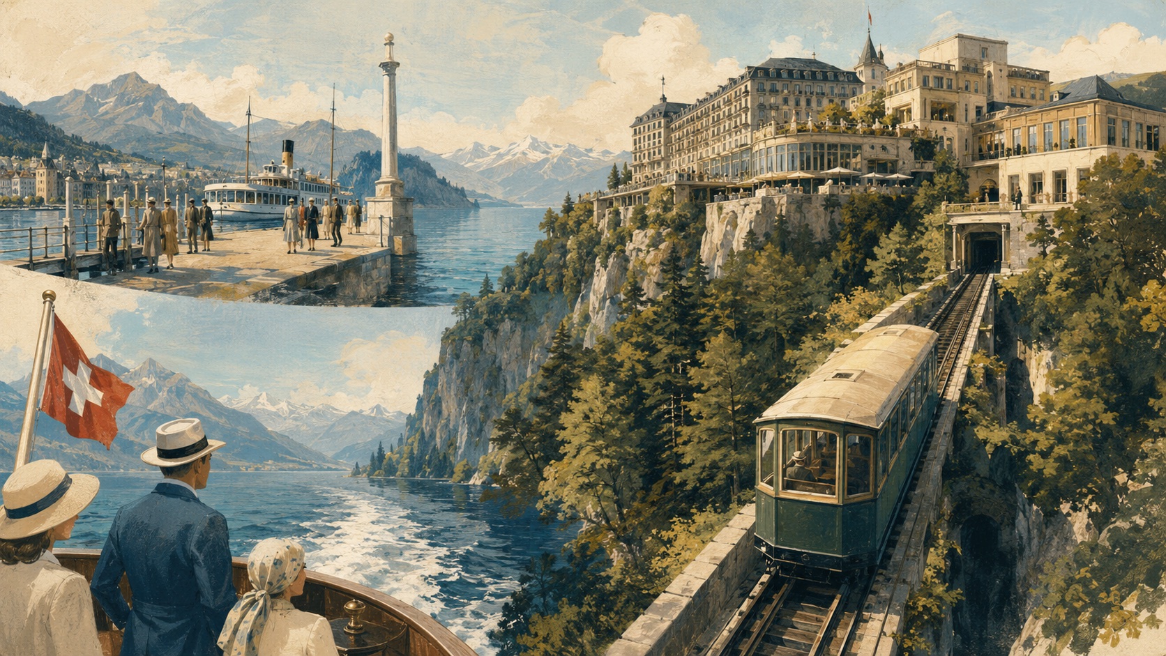 Illustrated lake boat, funicular and Bürgenstock Resort above the water