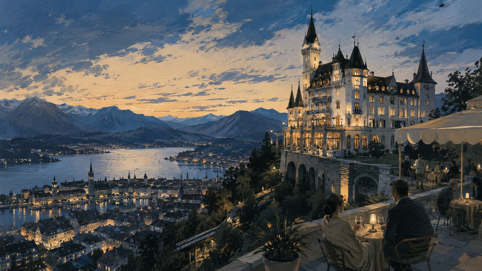 Illustrated Château Gütsch terrace above illuminated Lucerne