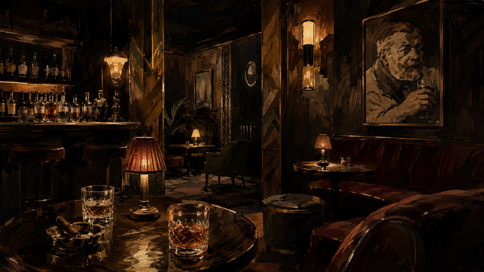 Illustrated rum lounge with leather seating and amber lamps