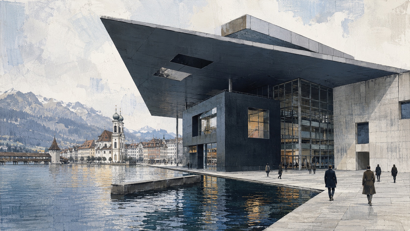 Illustrated KKL Luzern and its projecting roof beside the lake