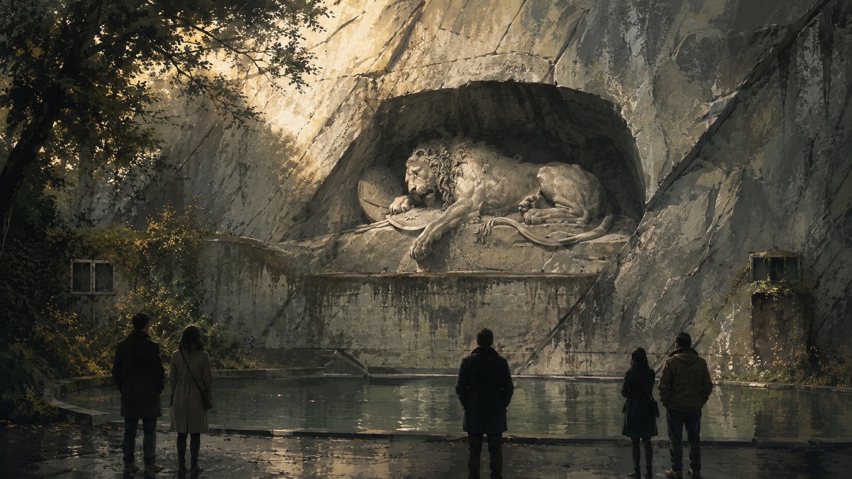 Illustrated view of the Lion Monument above its reflecting pool