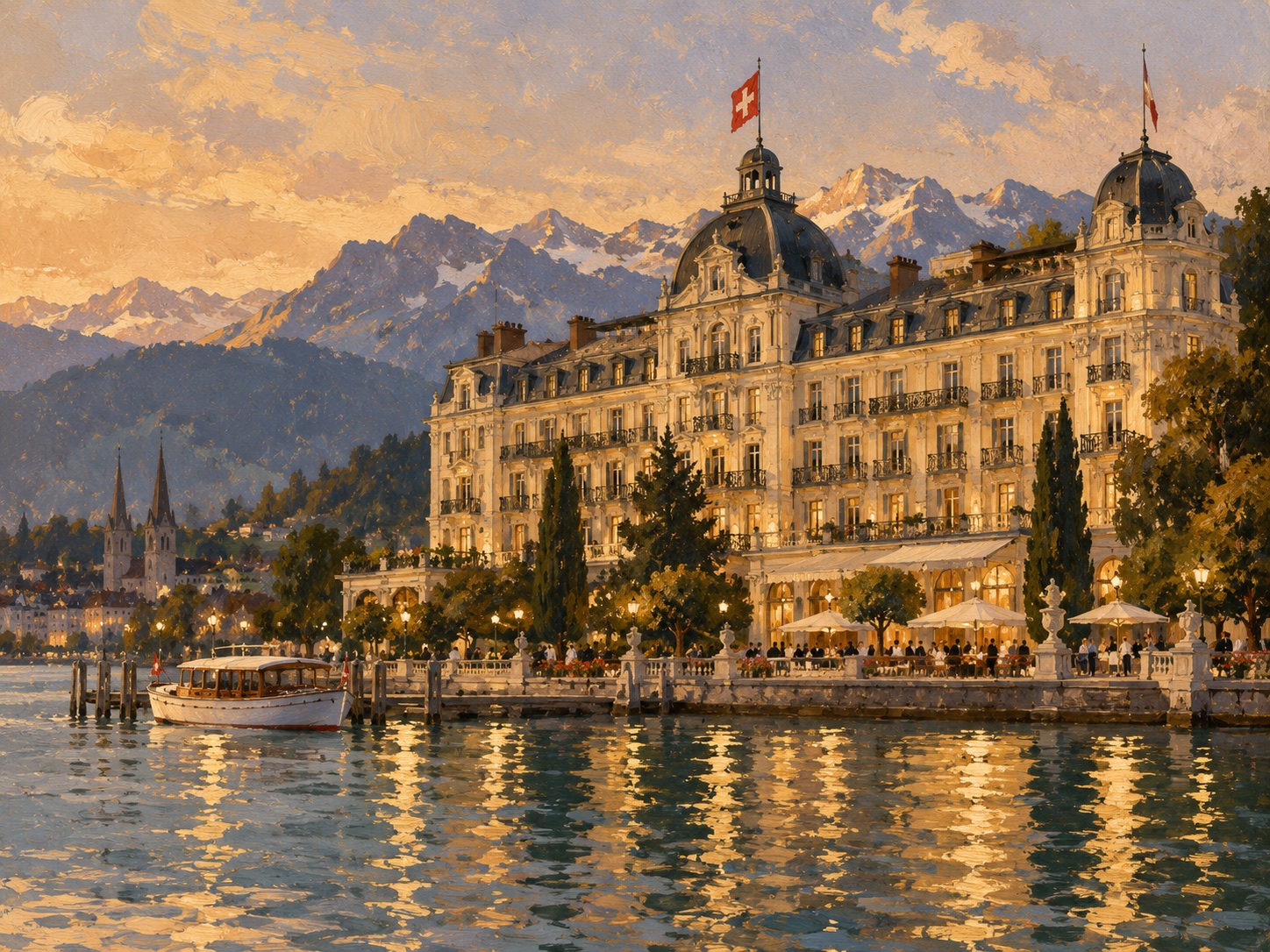 Illustrated Mandarin Oriental Palace beside Lake Lucerne at sunset