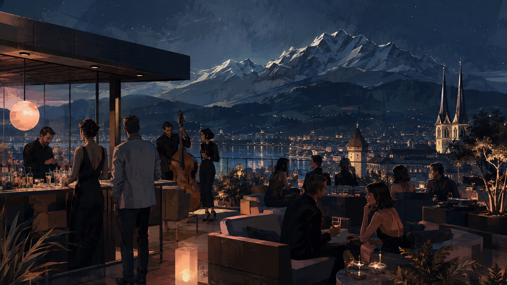 Illustrated rooftop night scene overlooking Lucerne