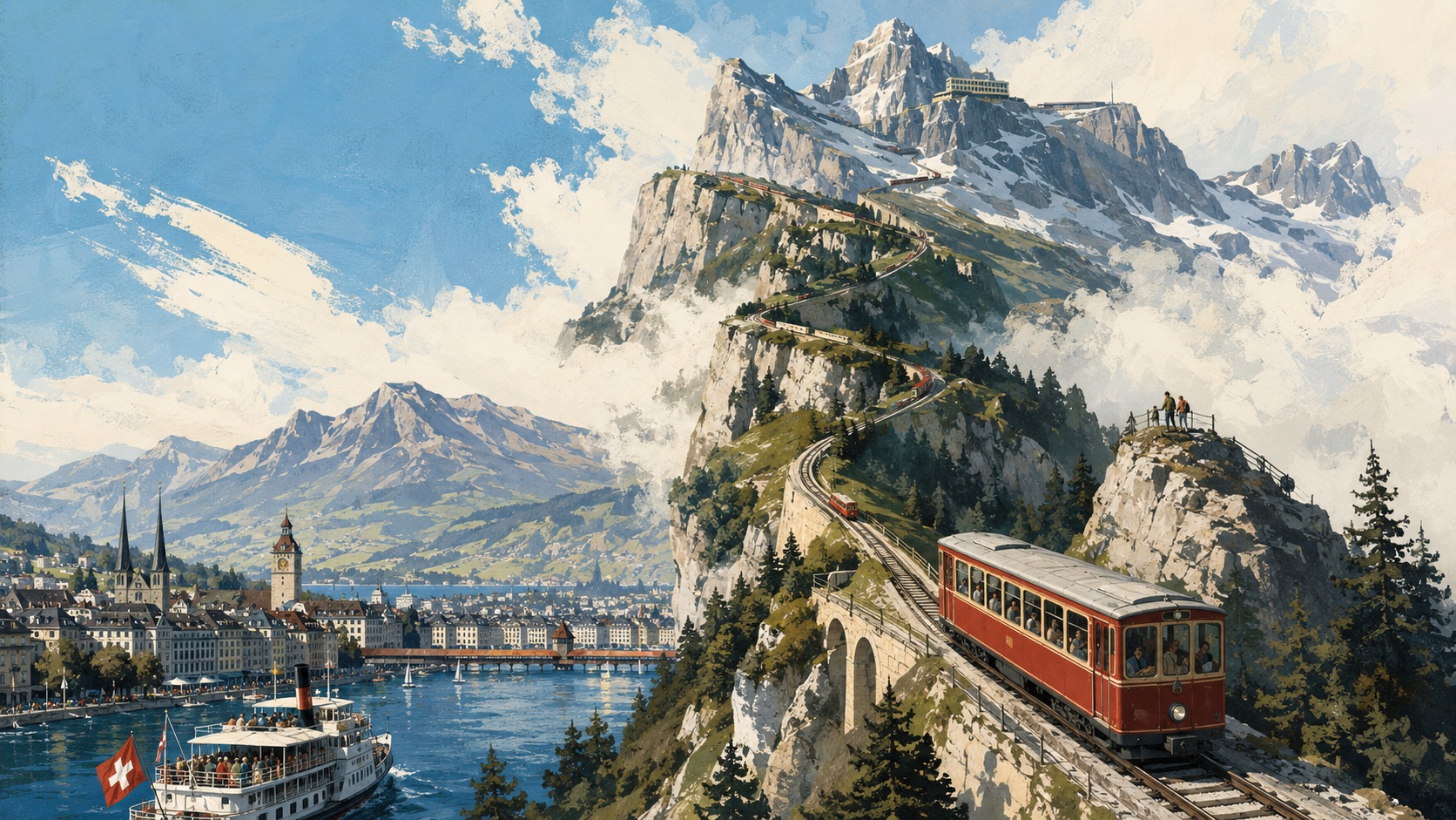 Illustrated red cogwheel train climbing snowy Mount Pilatus