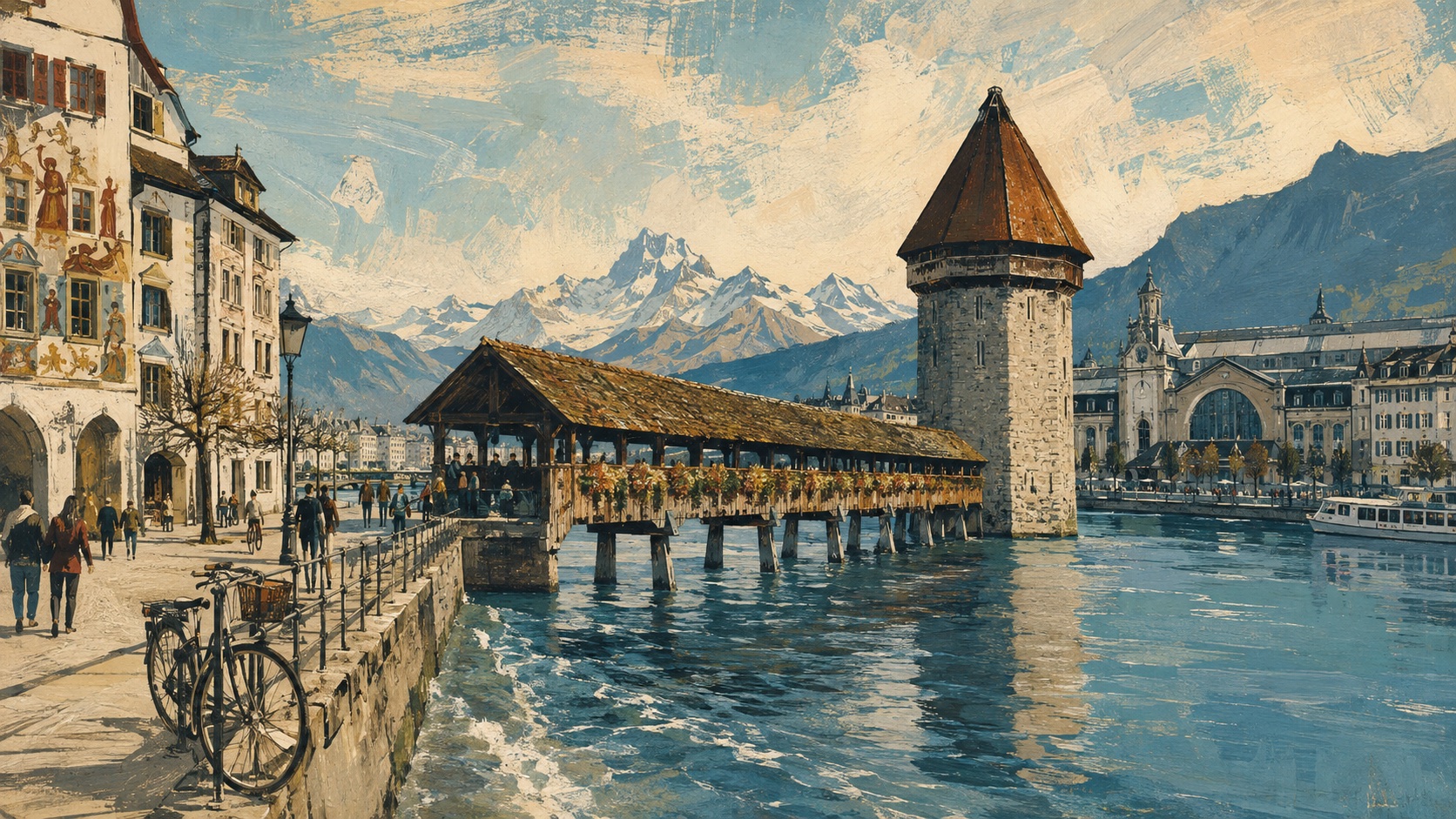 Illustrated Lucerne waterfront with Chapel Bridge, Water Tower and mountains