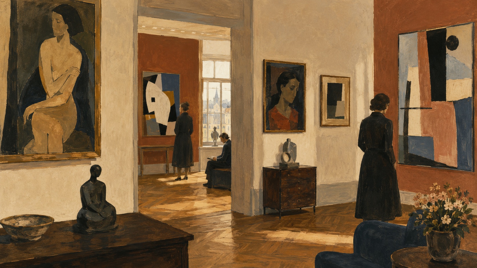 Illustrated intimate galleries with modern paintings and visitors