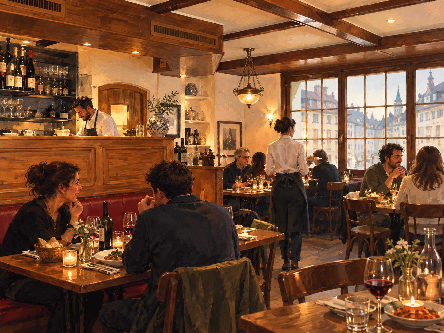 Illustrated Tiglio Osteria dining room during a warm evening service