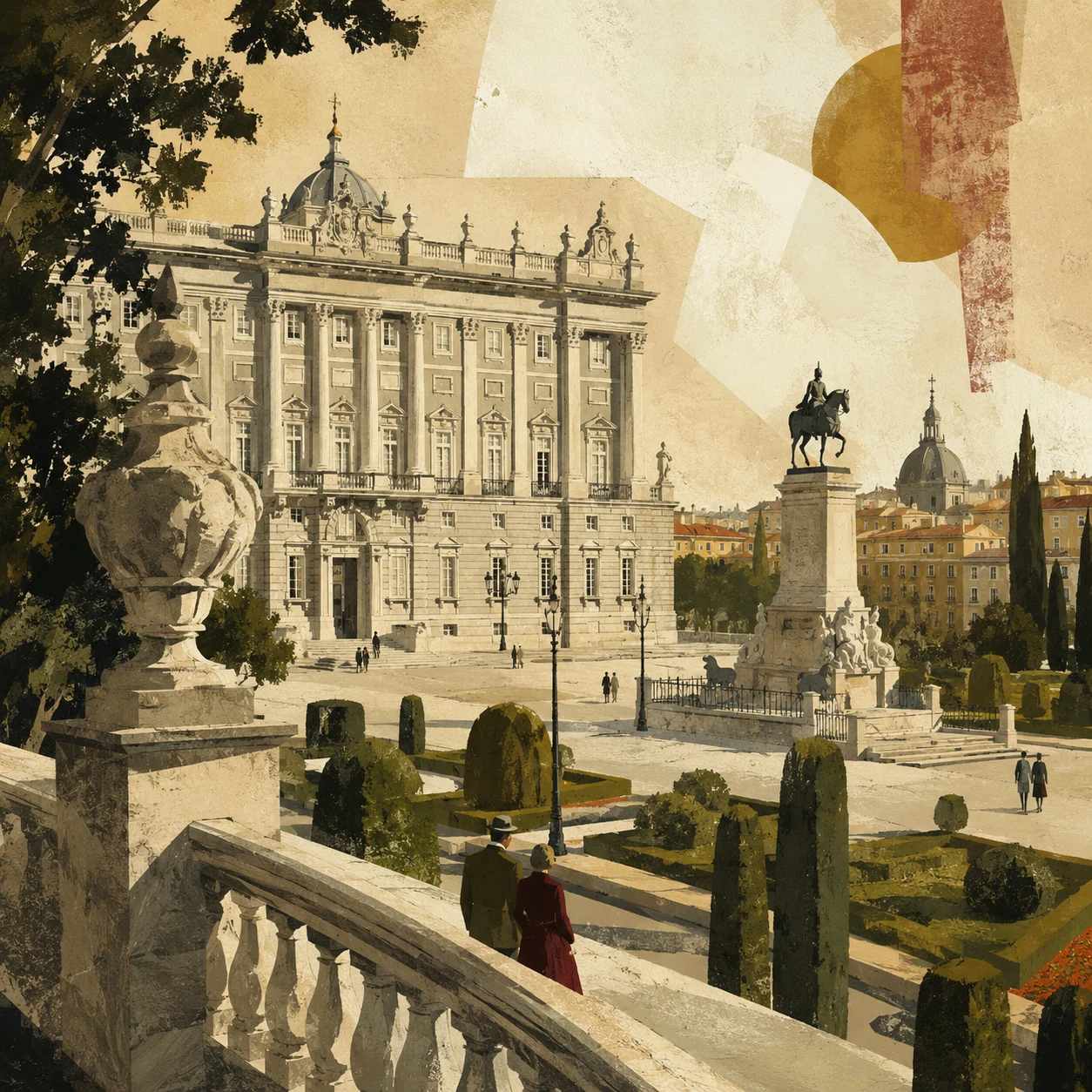 Madrid's Royal Palace gardens and equestrian monument