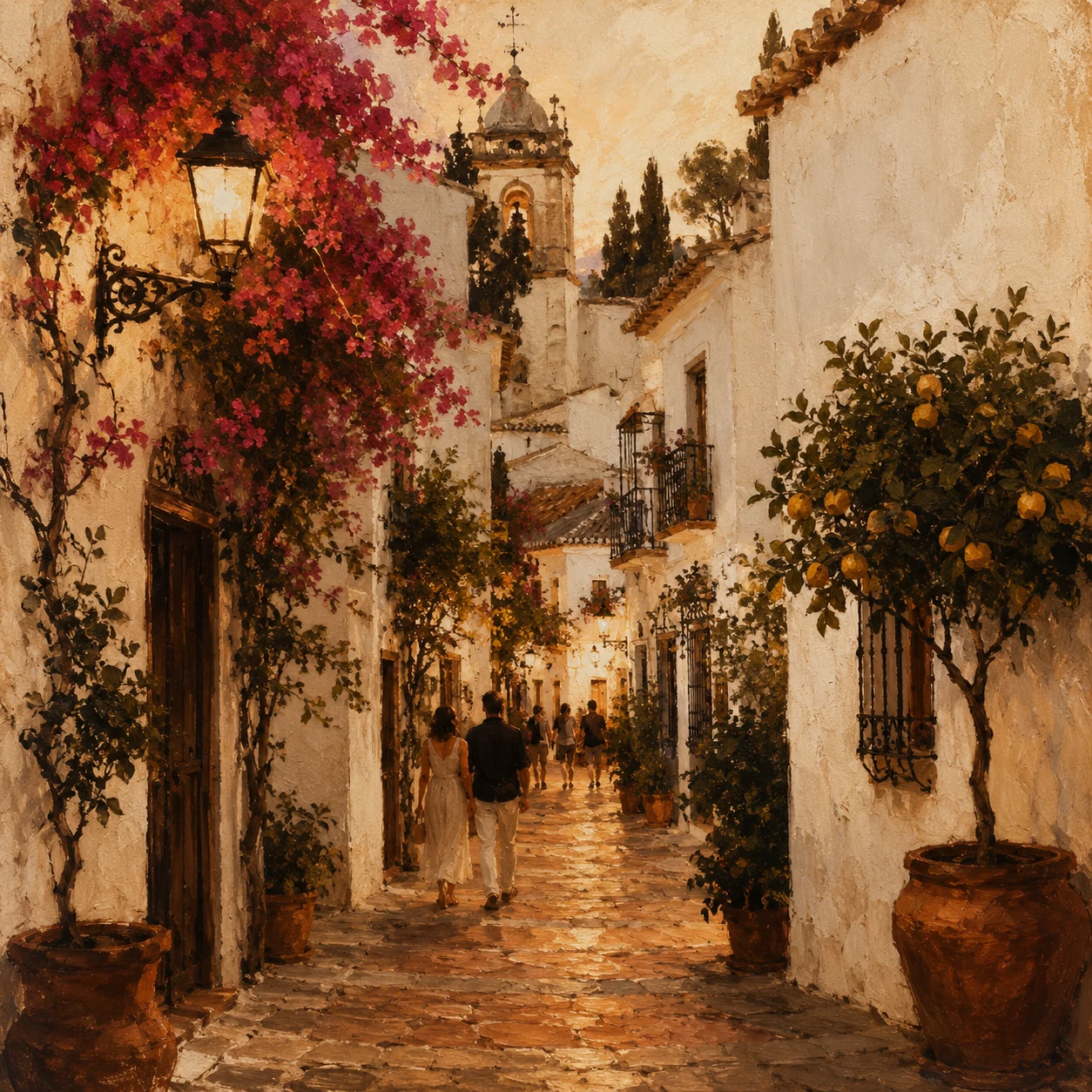 Whitewashed Marbella old-town lane with bougainvillea and citrus trees