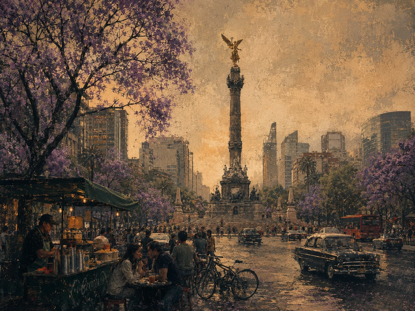 Paseo de la Reforma with the Angel of Independence and jacaranda trees