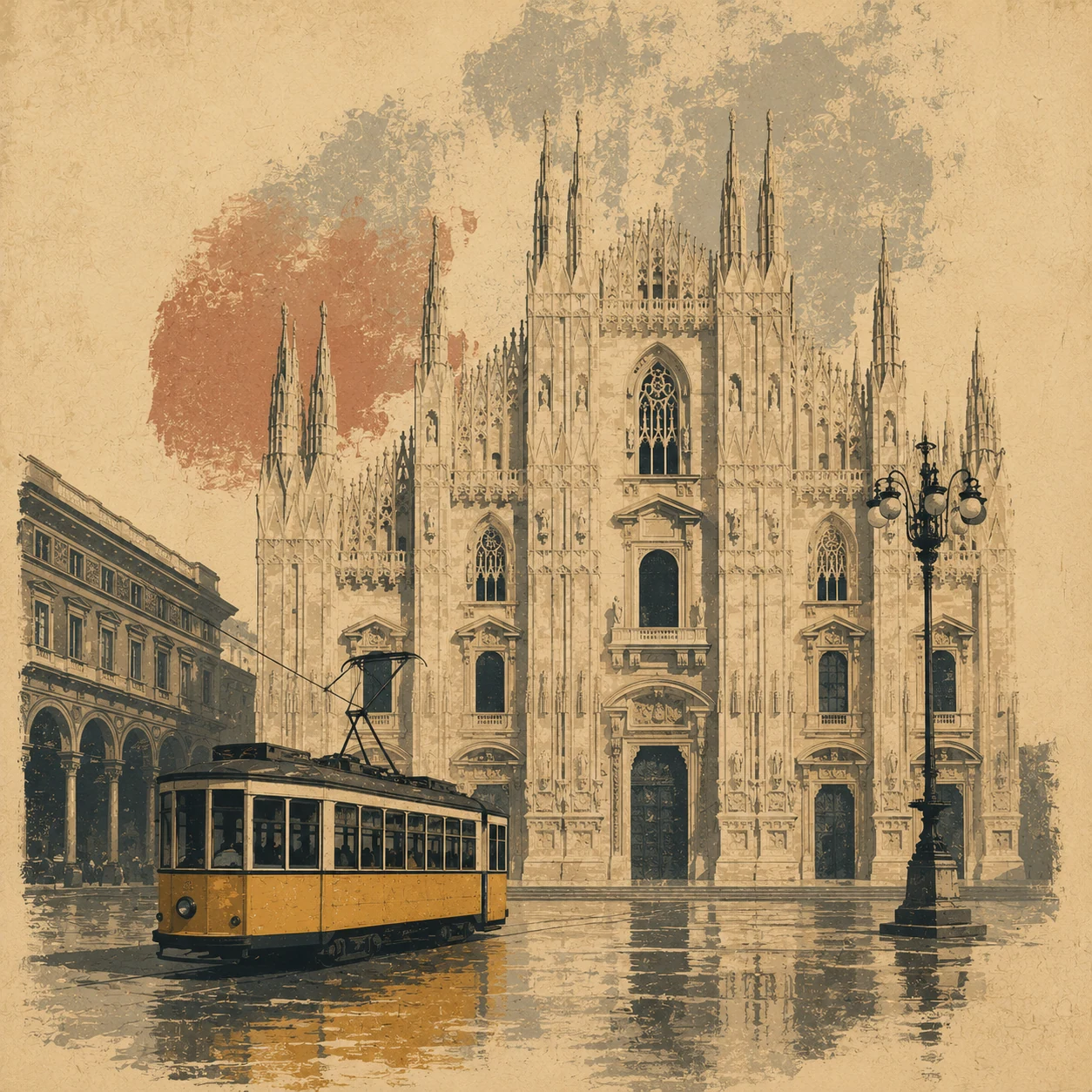 Milan Cathedral and yellow tram in a restrained editorial composition