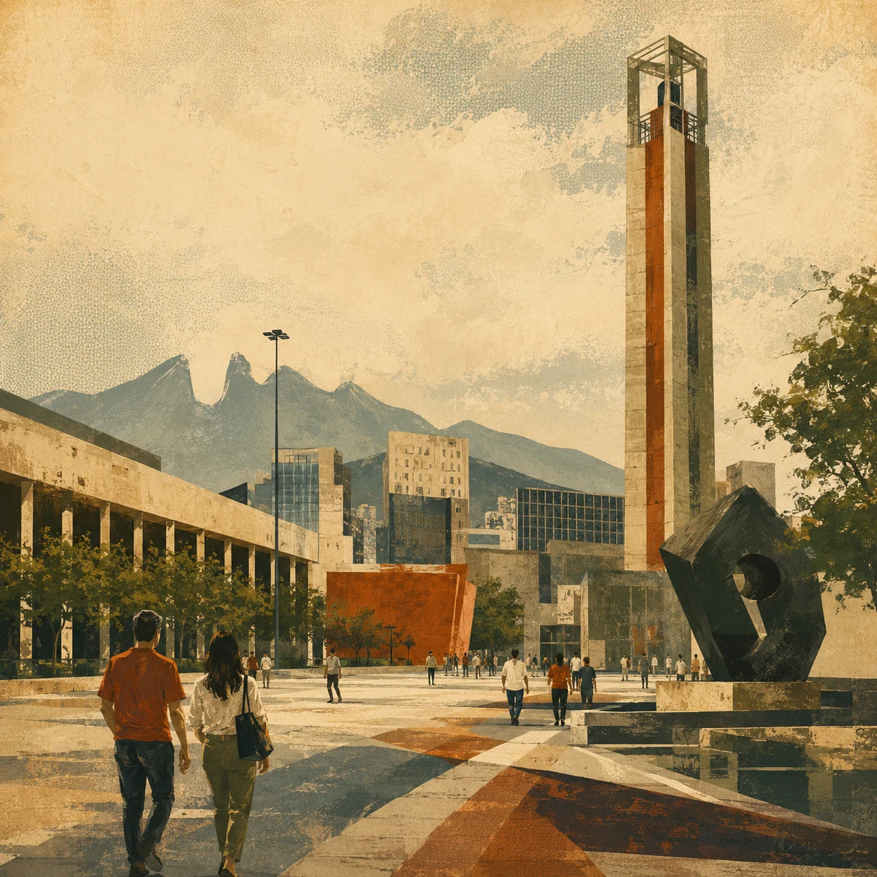 Monterrey's Macroplaza with modernist architecture and mountain skyline