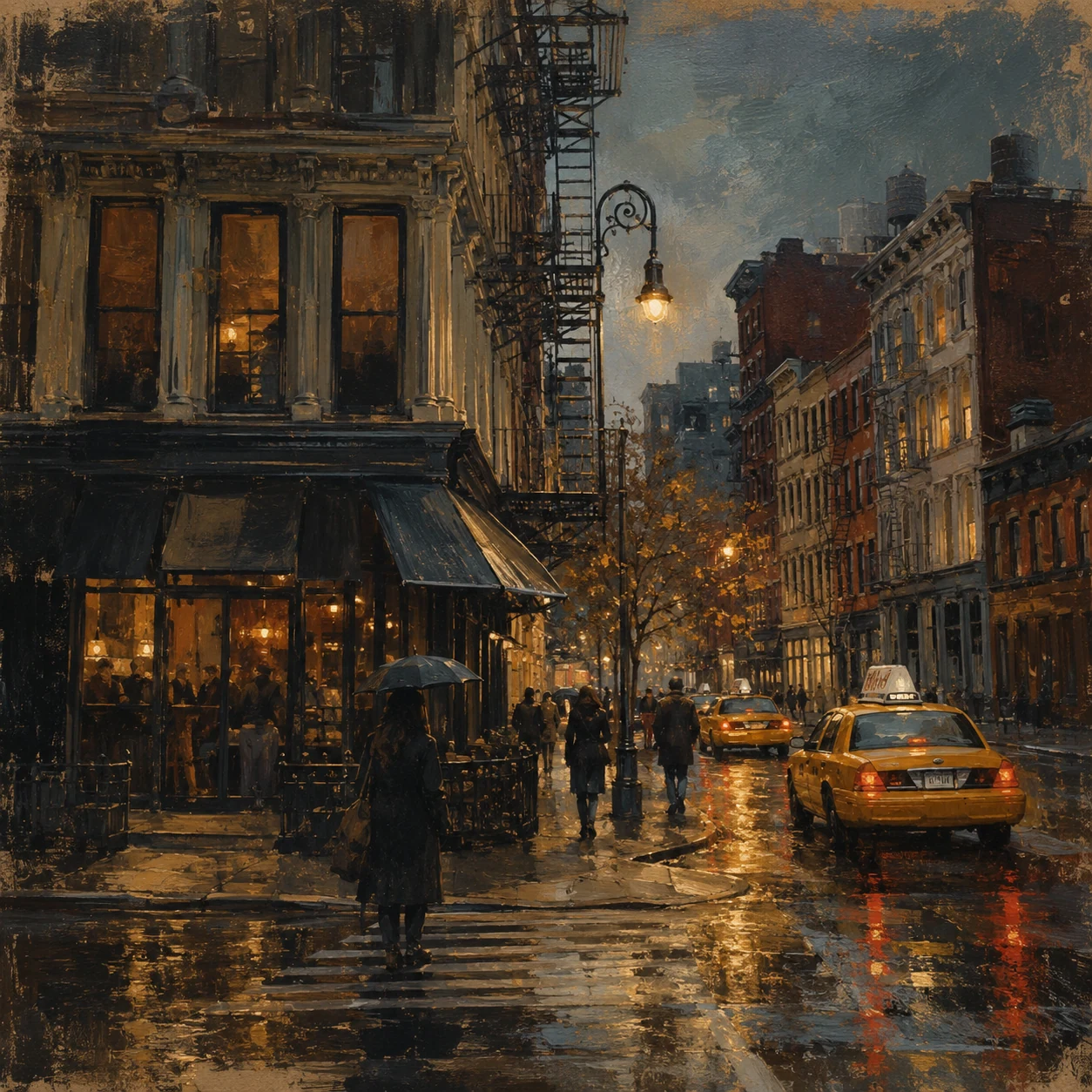 Rainy New York street with fire escapes, corner restaurant and yellow taxis