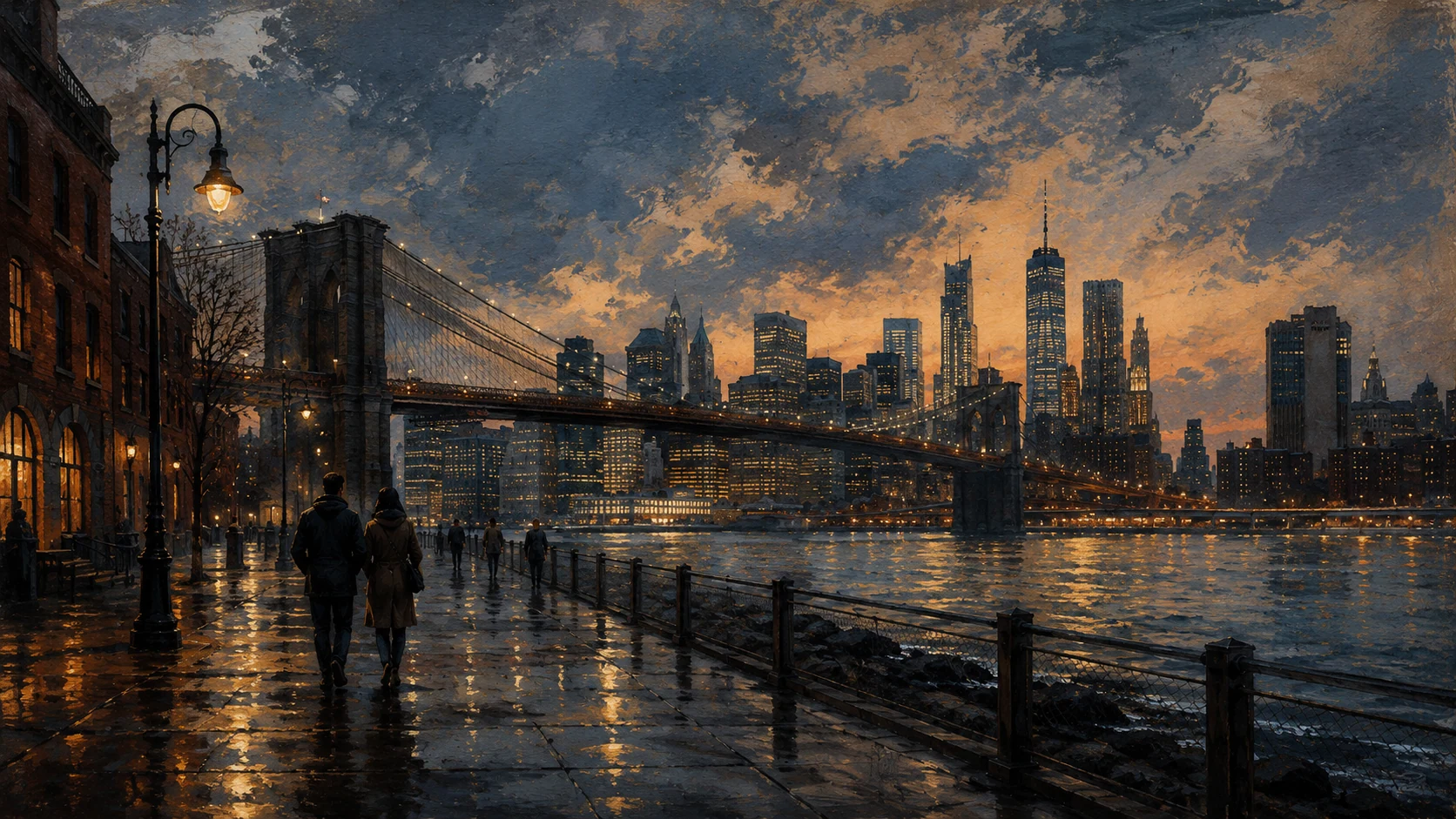 Brooklyn Bridge and Lower Manhattan skyline seen from the waterfront at dusk