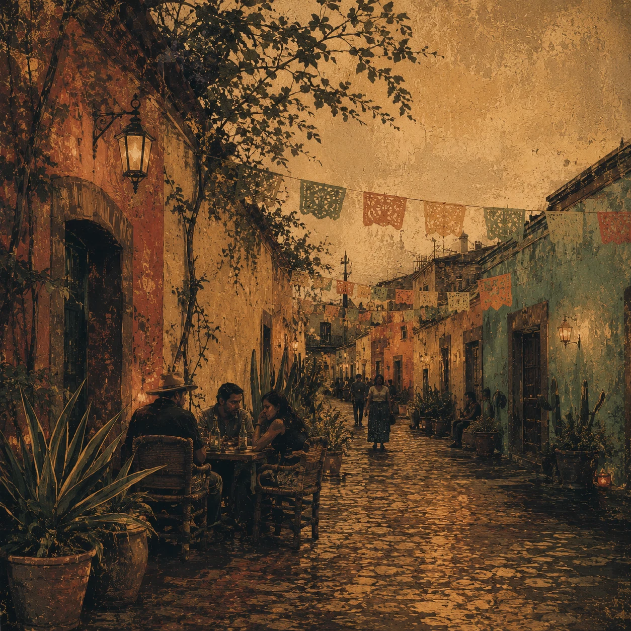 Colorful Oaxaca street with papel picado, agaves and outdoor tables