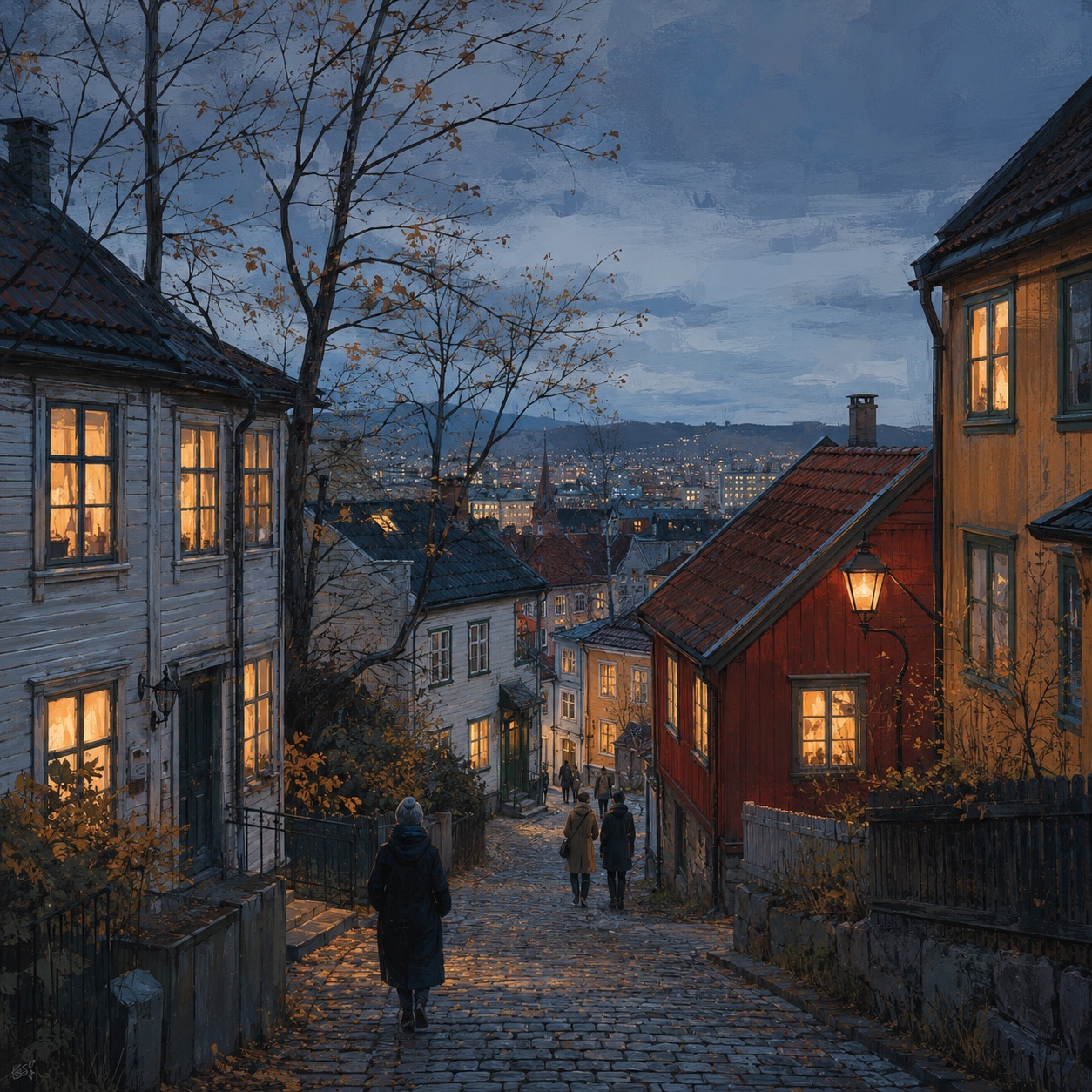 A quiet Oslo hillside street with timber houses and warm windows at dusk