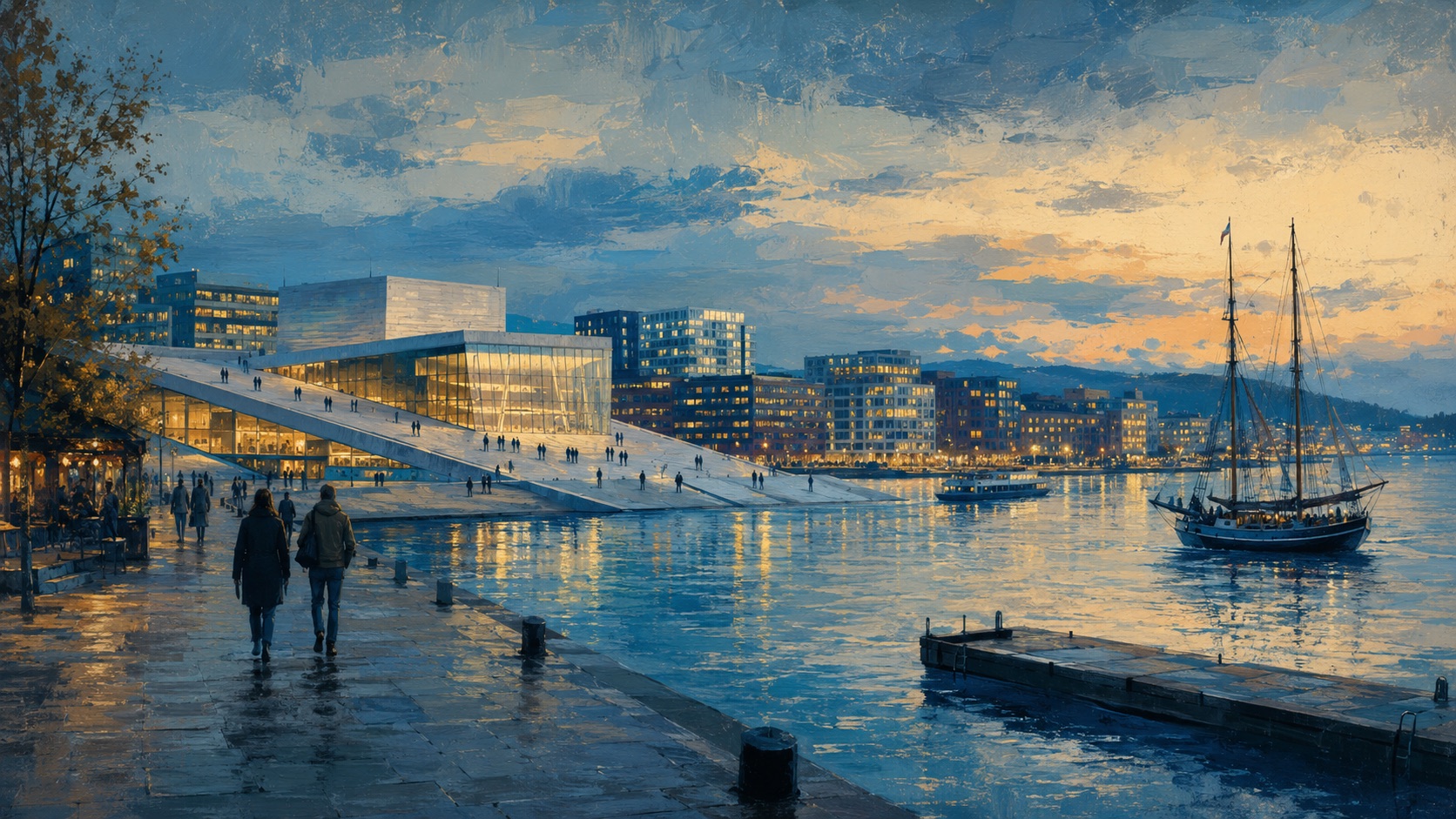 Oslo waterfront at dusk with the opera house, harbor promenade and sailing boats