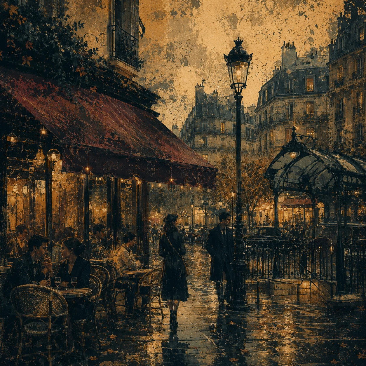 Rainy Paris street with a café, Métro entrance and illuminated apartments