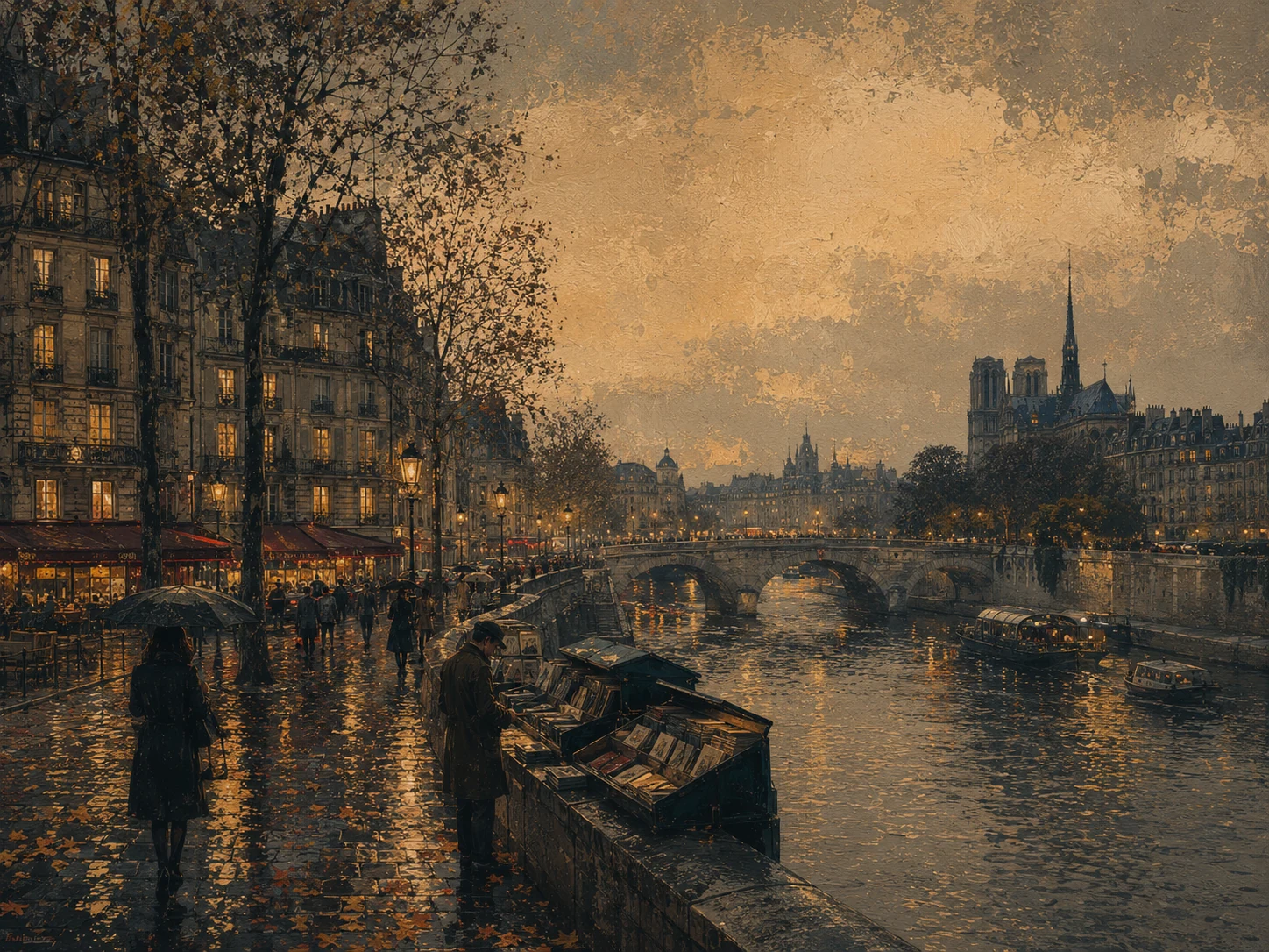 Paris along the Seine at dusk with a bookseller, bridge and Notre-Dame
