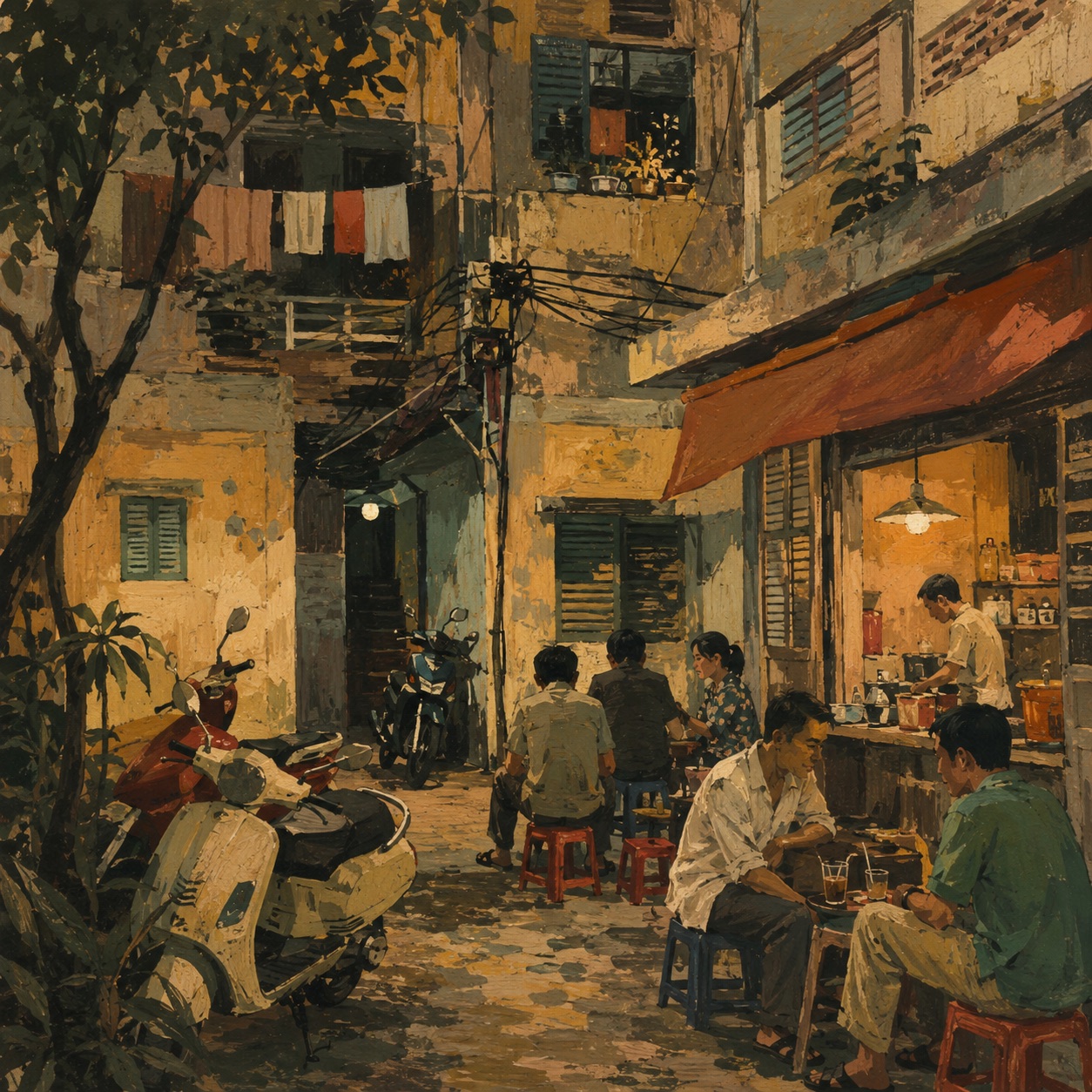 A lived-in Saigon courtyard with scooters, stools and a neighborhood counter