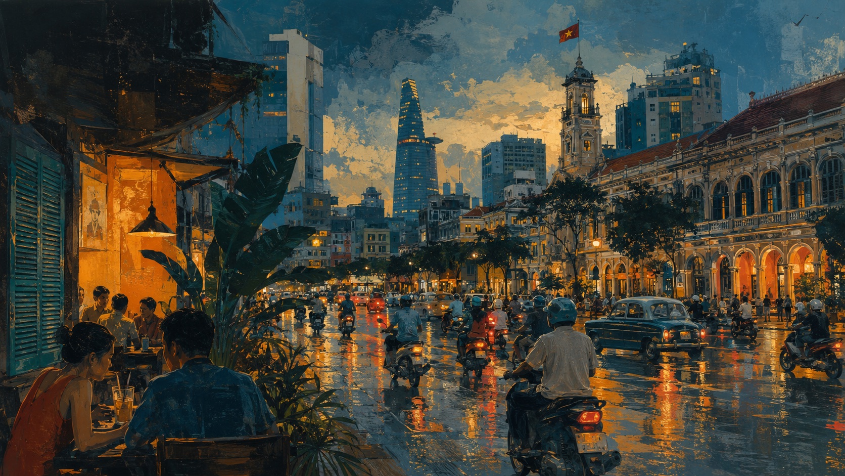 Saigon after rain, with motorbikes, colonial buildings and the modern skyline