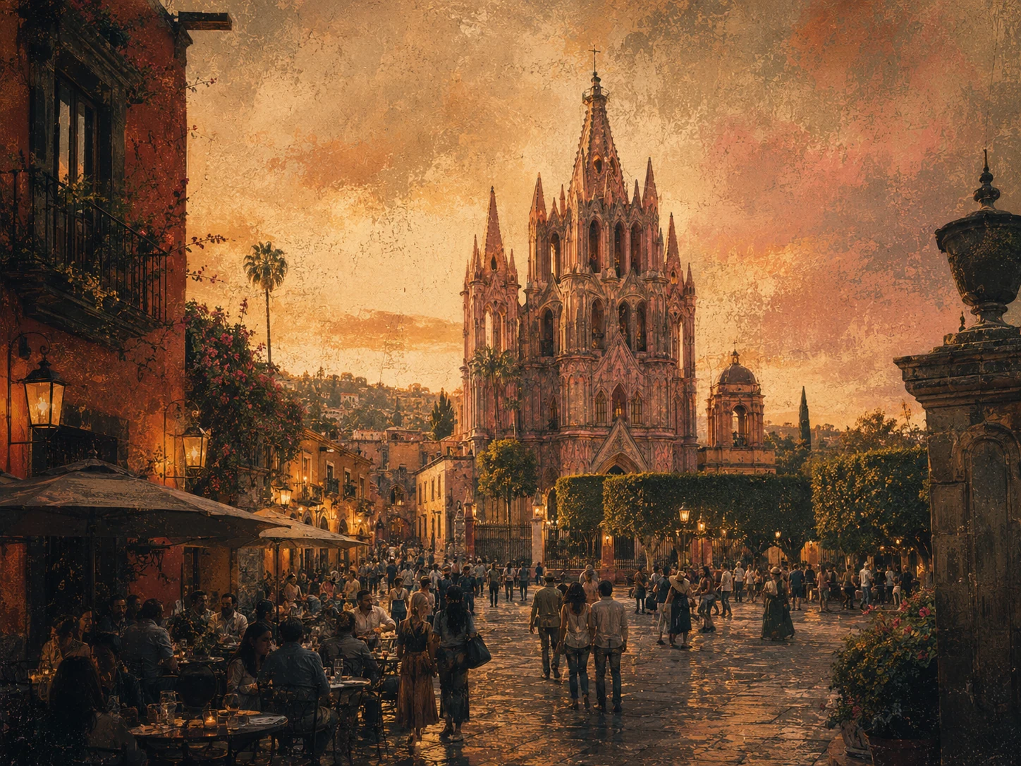 Parroquia de San Miguel Arcángel above the evening plaza